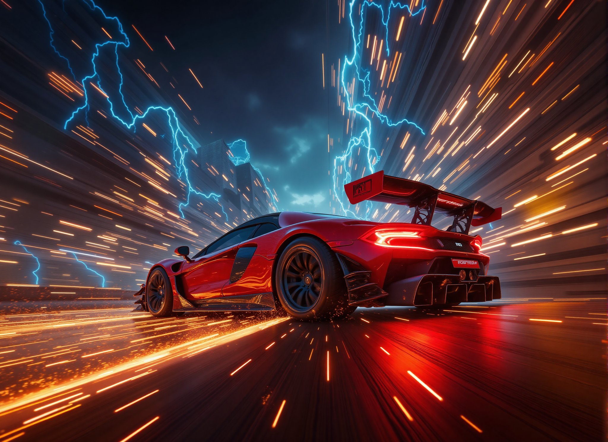 a dynamic perspective, perhaps from ground level or a low angle, to emphasize the speed and power of the racing cars as they zoom past. Use foreshortening to accentuate the sense of depth and movement,  glowneon, glowing, sparks, lightning,High Speed,High dynamic range style,magical sky,Supercar,nftnik