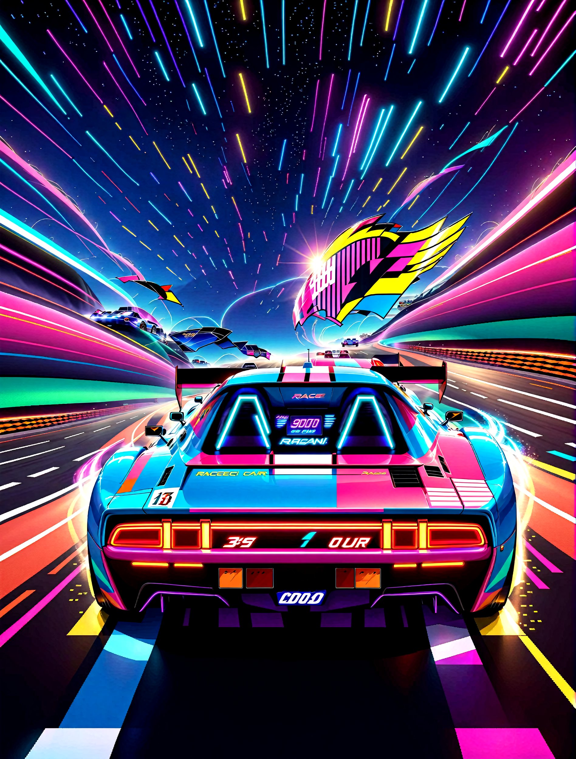 Get Ready to Shift into High Gear! 'Race On' Video Game Cover Art: A Retro Arcade Machine's Masterpiece. A neon-lit, pixel-perfect retro arcade machine hums with excitement as sleek race cars zoom past the finish line and the checkered flag waves triumphantly. The 80s-retro wave artwork pulses with energy, transporting you to an era of outrun and computer game art mastery.,c_car,H effect,Concept Cars