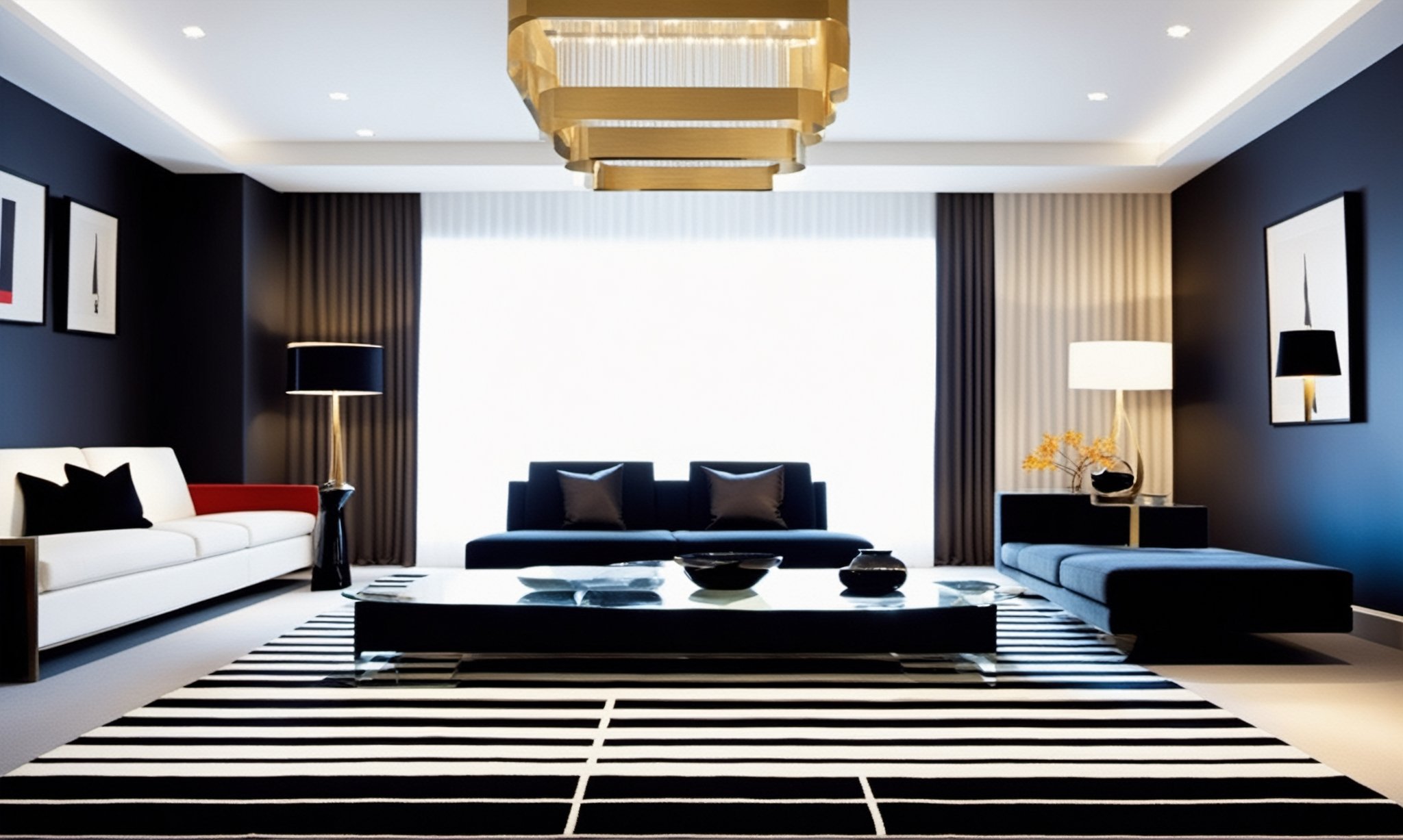 A wide-angle shot captures the masculine yet modern and classy fung shui  vibe of the empty room, every color and form in the room has equal balance, framing the bold black and white room is a  uniformed square checkerboard patern carpet that is the central focal point amidst the gray walls and soaring black ceiling. The camera gazes upon the square space, with a  larger back wall and shorter side walls that are even and have no doors the carpet stretches wall-to-wall in a even uniformed patern, the room is about new beginnings and possibilities.