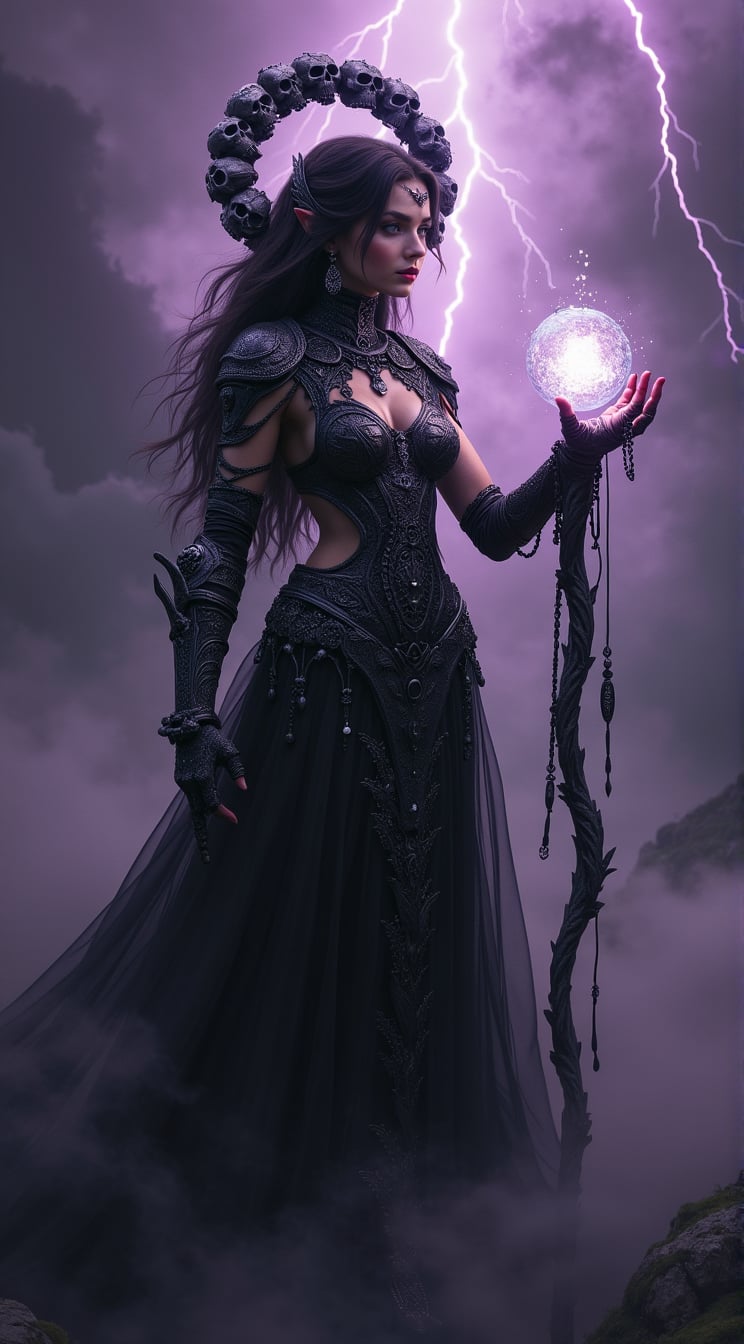 In a dark fantasy realm, the central female figure stands as a powerful sorceress. She is draped in an intricate black cutout bodysuit, adorned with elaborate gothic jewelry that shimmers ominously. Her armor is forged from shadow and steel, blending seamlessly with her form. A halo of skulls, each with faintly glowing eyes, encircles her head, casting eerie shadows across her face. In her right hand, she clutches a glowing orb pulsating with arcane energy, its light illuminating the swirling patterns etched into her armor. In her left hand, she grips a twisted staff, its surface carved with ancient runes that seem to shift and change as the staff hums with dark power. The backdrop is a dense, purple haze, swirling with dark clouds that crackle with distant lightning. Wisps of fog coil around her feet, merging with the shadows that extend from her form. The atmosphere is charged with an otherworldly energy, as if the very air is alive with ancient magic. The overall tone of the image is one of dark fantasy, mystery, and awe-inspiring power, evoking a sense of a forgotten era where magic and darkness ruled.