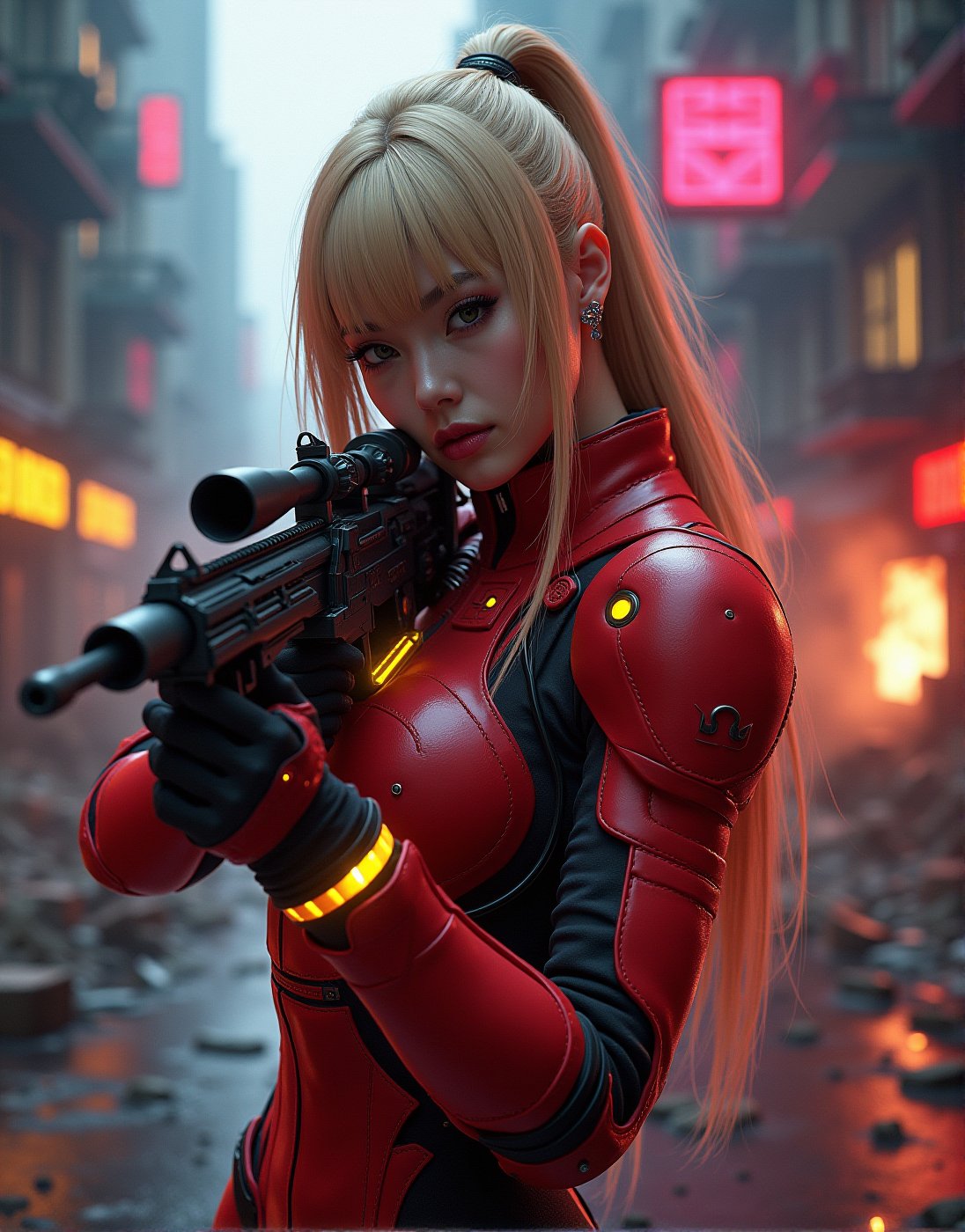 detailed futuristic neon art, masterpiece, FredFraiStyle, an oriental female cyberpunk space Warrior in red power armor with bright yellow embellishments, long blonde flowing hair, bangs, earrings, dark eyeshadow, red lips, holding a futuristic space age sniper rifle, aiming, dynamic pose,in a battle on a futuristic city street, smoke hanging in the air, ruins and smoking damaged buildings, directional lighting, masterpiece, mythp0rt, perfect composition, perfect hands, cowboy shot, there is  spacy neon 3D  text at the top of the photo that reads "Join The Space Core Today!",