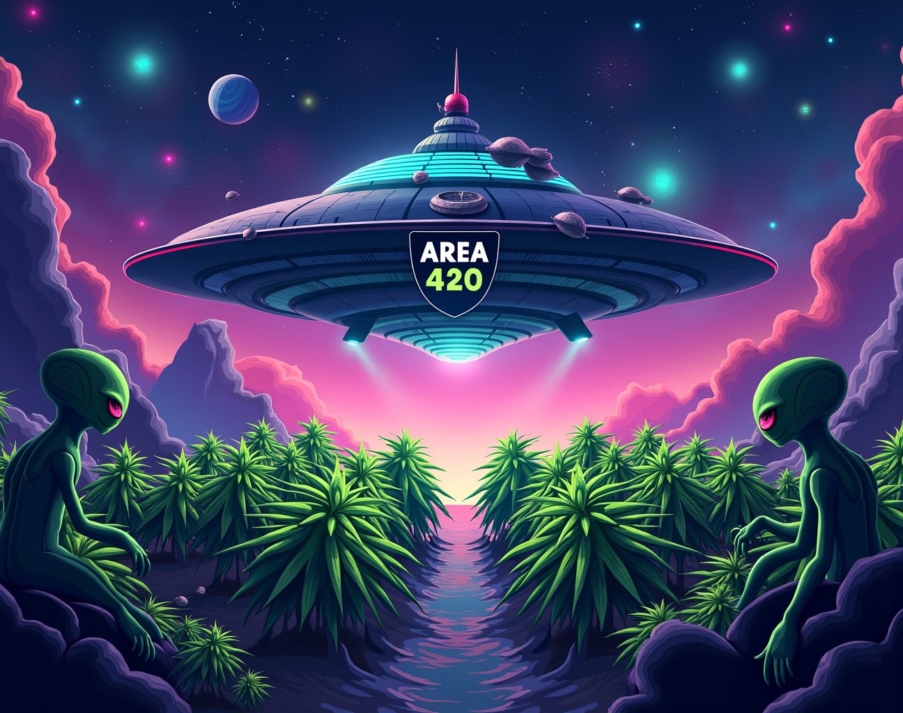Create a vibrant,  eye-catching image for the cannabis company "Area 420" with a distinct space and alien theme. The desig...