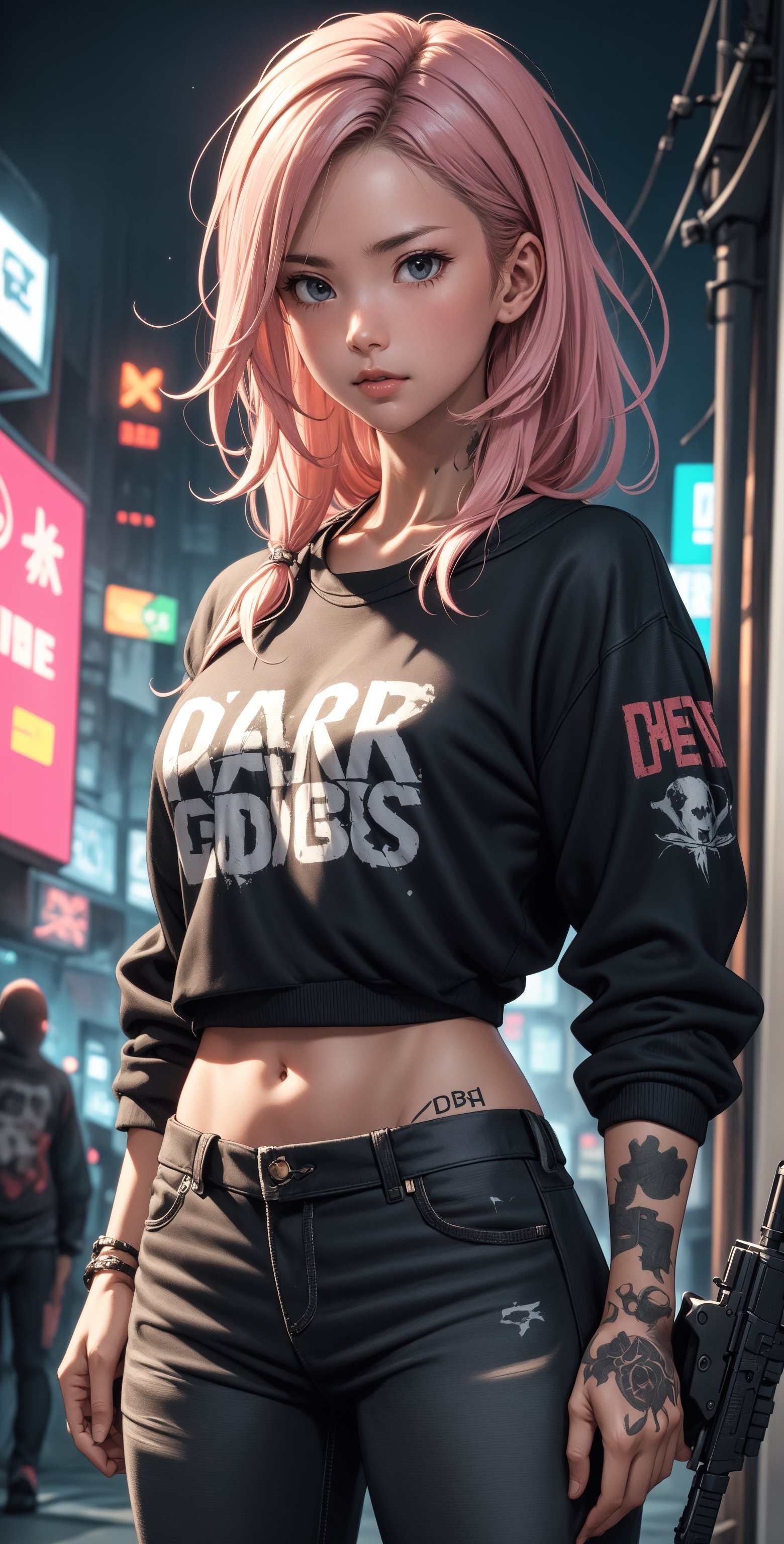 dark gothic cyberpunk woman, defiant face, pastel colors, in clothes, colorful hair, light yellow sweatshirt, pants, black, with pink, guns hd, high detail, huoshen, TheLastOfUs, mgln
