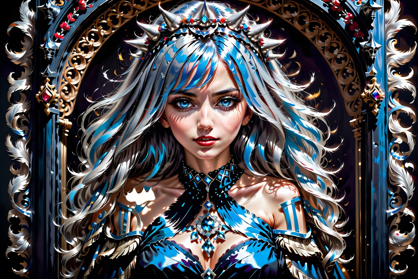 (((masterpiece))),best quality, illustration,(beautiful detailed girl), a girl ,solo,bare shoulders,big boobs,diamond and glaring eyes,beautiful detailed cold face,very long blue and sliver hair,floaing black feathers,wavy hair,black and white sleeves,gold and sliver fringes,a (blackhole) behind the girl,a silver triple crown inlaid with obsidian,(sit) on the black ((throne)), (depth) of (field), NTSF,, Nude