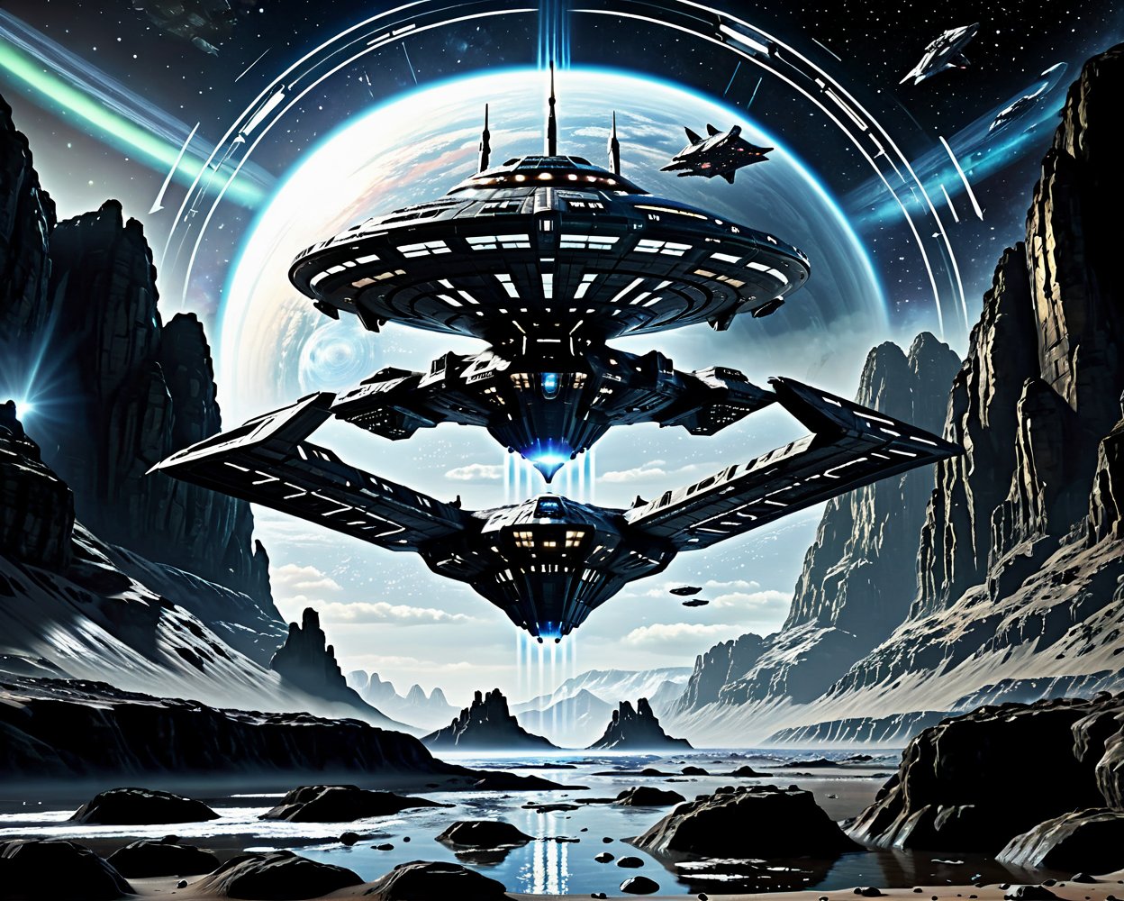 spaceship flying over a mountain with a large structure in the middle,  spaceship landing,  star citizen halo by MadCat  o...