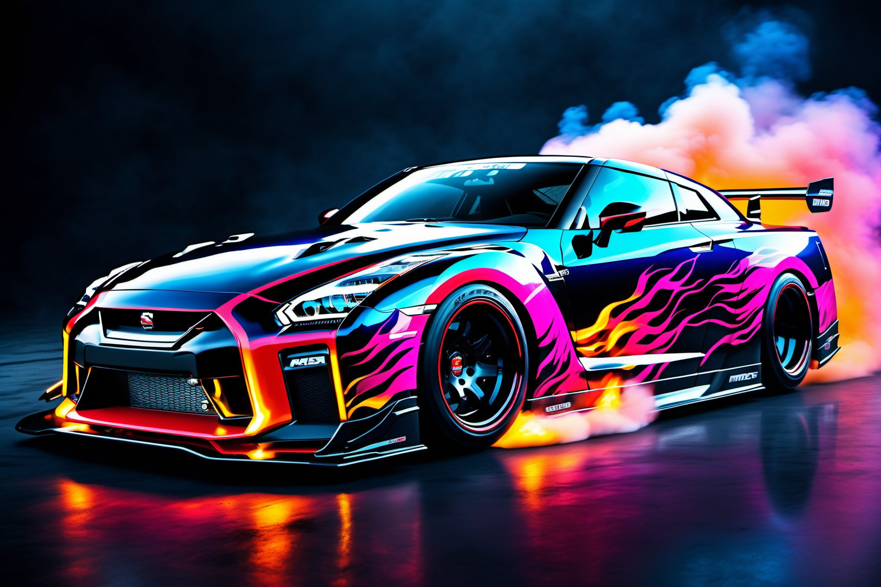 A photo realistic image of a Nissan GT-R Nismo 2023 
, sharp, detailed car body ,ethereal art, detailed tires, fire scene, (masterpiece, best quality, ultra-detailed, 8K), race car, street racing-inspired, Drifting inspired, LED, ((Twin headlights)), (((Bright neon color racing stripes))), (Black racing wheels), Wheel spin showing motion, Show car in motion, Burnout,  wide body kit, modified car,  racing livery, masterpiece, best quality, realistic, ultra high res, (((depth of field))), (full dual color neon lights:1.2), (hard dual color lighting:1.4), (detailed background), (masterpiece:1.2), (ultra detailed), (best quality), intricate, comprehensive cinematic, magical photography, (gradients), glossy, Fast action style, fire out of tail pipes, Sideways drifting in to a turns, Neon galaxy metalic paint with race stripes,