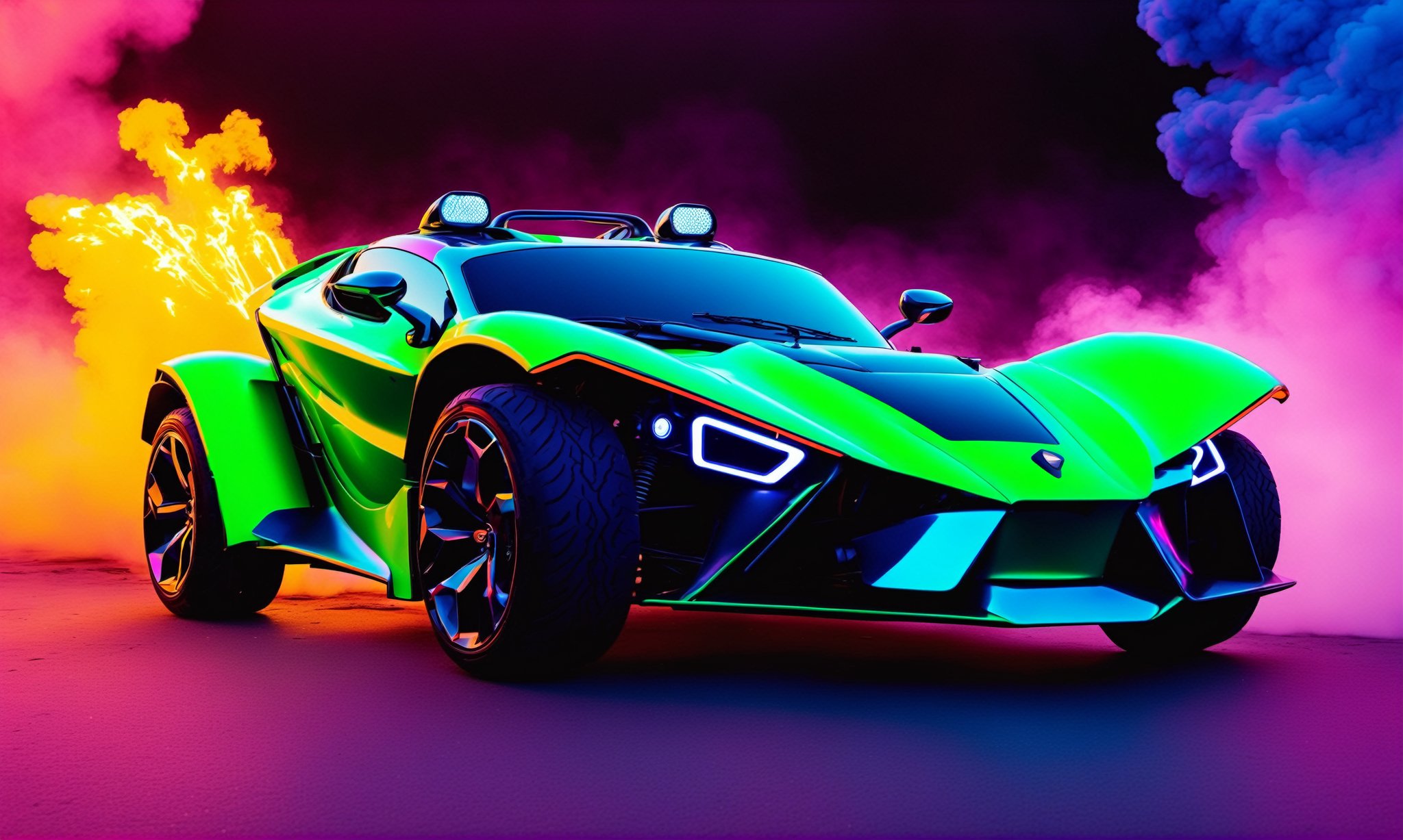 front  view, ultra relistic,  of a green ariel nomad  with headlights on, a light bar on the roof shining bright beams of white light ,  background of colorful smoke , ✏️🎨, 8k stunning artwork, vapor wave, neon smoke, hyper colorful, stunning art style, car with holographic paint, amazing wallpaper, futuristic art style, 8 k highly detailed ❤🔥 🔥 💀 🤖 🚀4k phone wallpaper, inspired by Mike Winkelmann, ,H effect