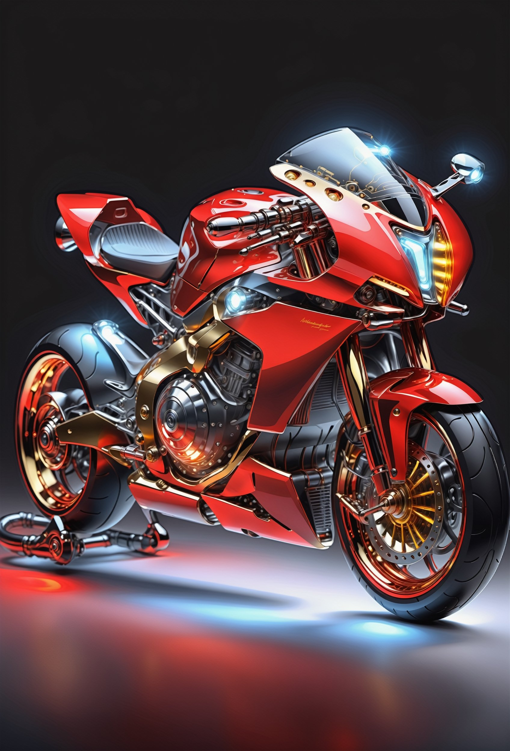 Masterpiece, ultra-definition, super detailed, perfect drawing, 1  transparent SPORT race motocycle with headlight on white lights , Colored red, gold and black carbonfiber, Industrial design, clean, Luminous neon lit,  red background, Surrealism, UHD, high details, best quality, 2K