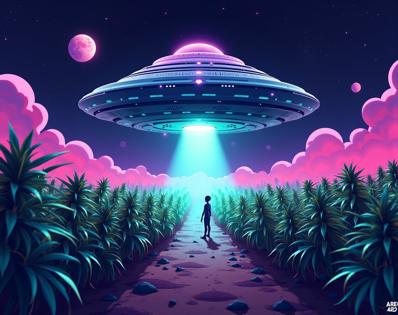 Create a vibrant,  eye-catching image for the cannabis company "Area 420" with a distinct space and alien theme. The desig...