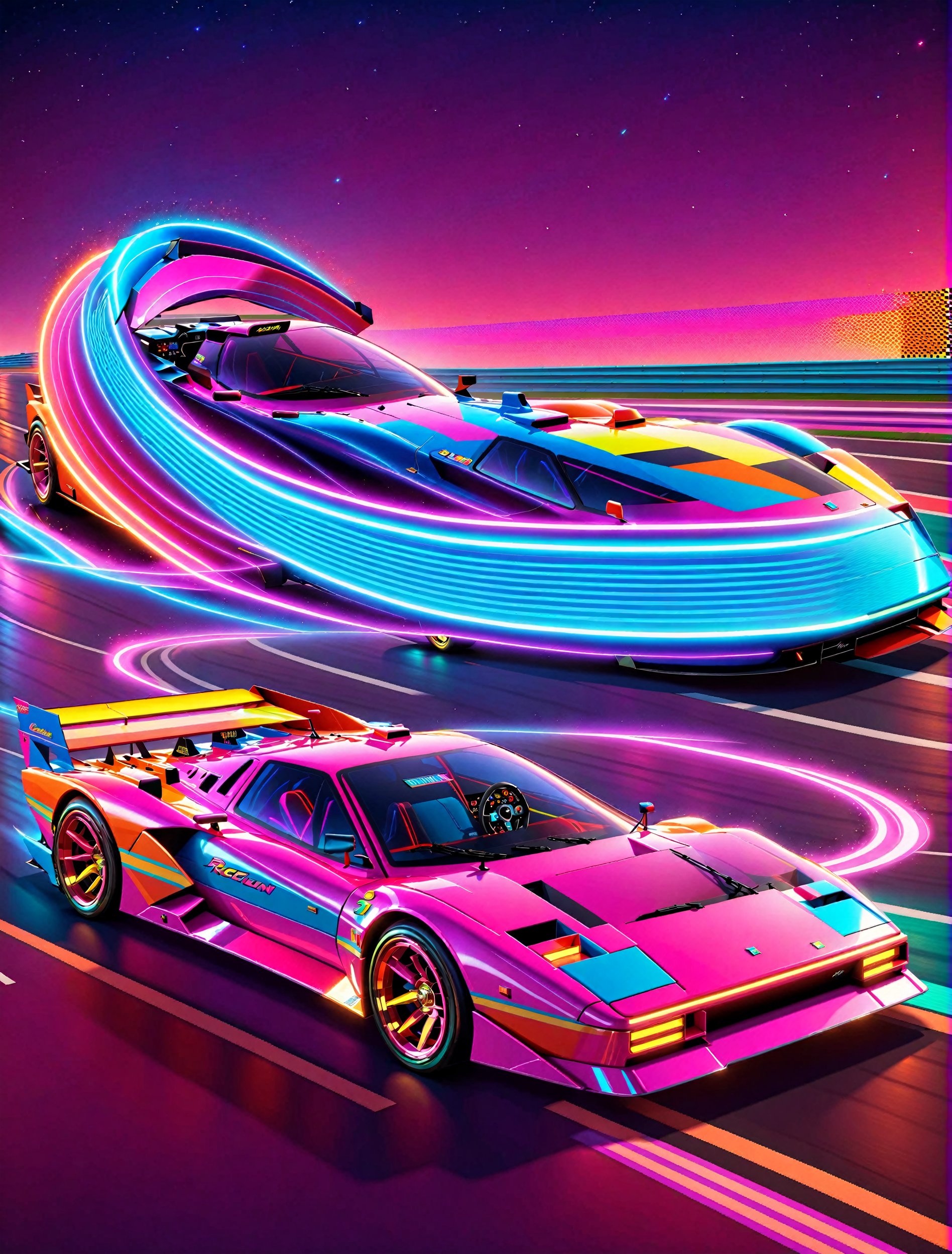 Get Ready to Shift into High Gear! 'Race On' Video Game Cover Art: A Retro Arcade Machine's Masterpiece. A neon-lit, pixel-perfect retro arcade machine hums with excitement as sleek race cars zoom past the finish line and the checkered flag waves triumphantly. The 80s-retro wave artwork pulses with energy, transporting you to an era of outrun and computer game art mastery.,c_car,H effect,Concept Cars