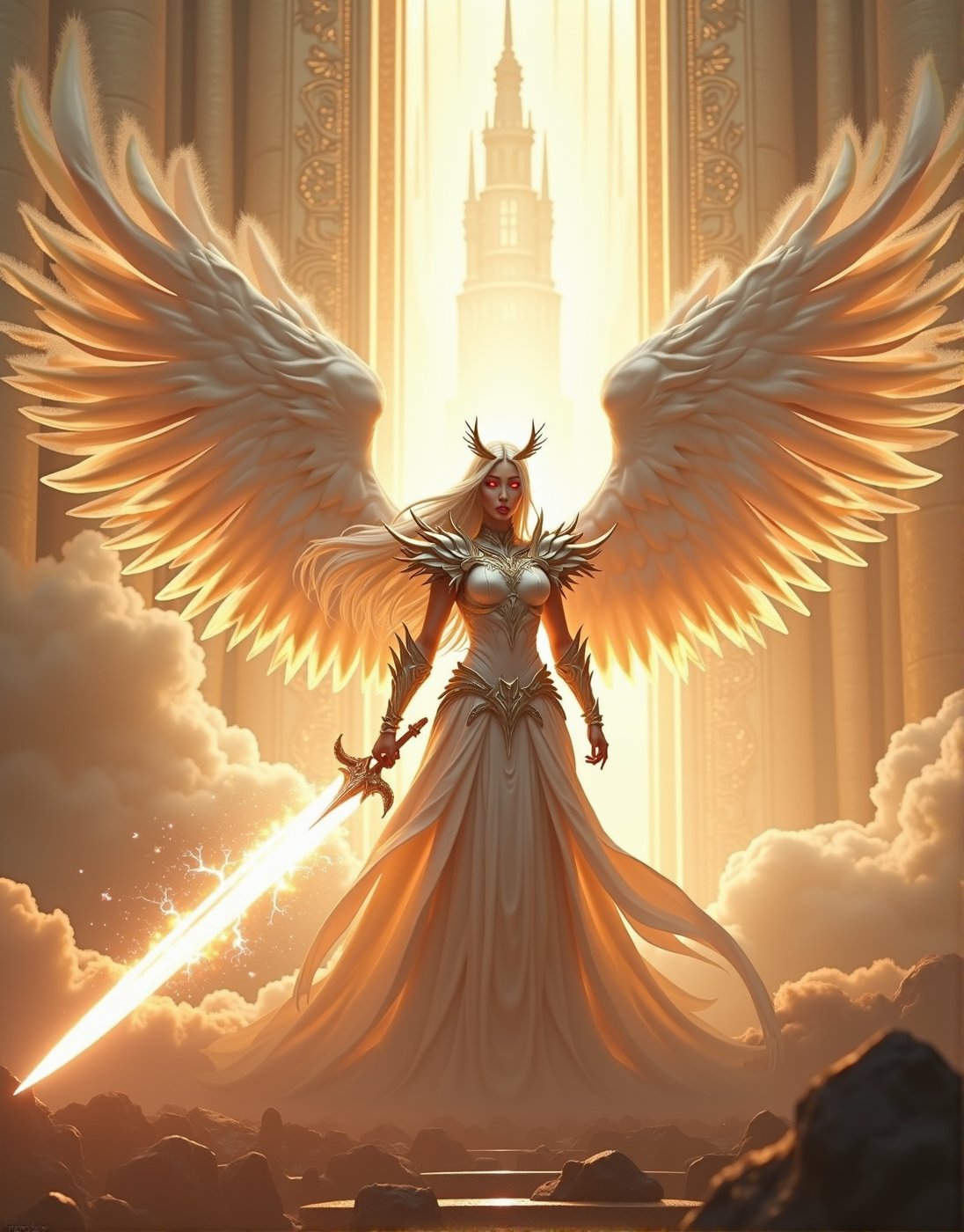 A powerful, awe-inspiring female warrior with long, flowing white hair, clad in radiant white spiked armor, stands with a menacing aura. Her ethereal, glowing white wings stretch out majestically behind her, shimmering with divine light. She holds a massive, radiant sword that emits an intense white light, crackling with electric energy swirling around her like a celestial storm. Her piercing red eyes glow through the mist, adding to her fierce, commanding presence. In the background, a grand temple rises from the clouds, its towering pillars and intricate carvings radiating with divine energy. The heavenly temple, bathed in golden light, creates a majestic backdrop, emphasizing the warrior's divine connection. Soft golden clouds float around, with beams of divine light breaking through, creating a serene yet powerful atmosphere. Gentle orange glowing dust drifts through the air, adding a magical touch to the ethereal landscape. Ultra-realistic, hyper-detailed, with cinematic lighting and perfect composition, the image captures the contrast between the angelic and the fierce, framed by the high-contrast interplay of light, shadow, and the divine architecture., ultra quality, best quality, masterpiece, retina, accurate, masterpiece, super detail, high details, best quality, award winning, highres, HD, 4K, 8k, 16k,