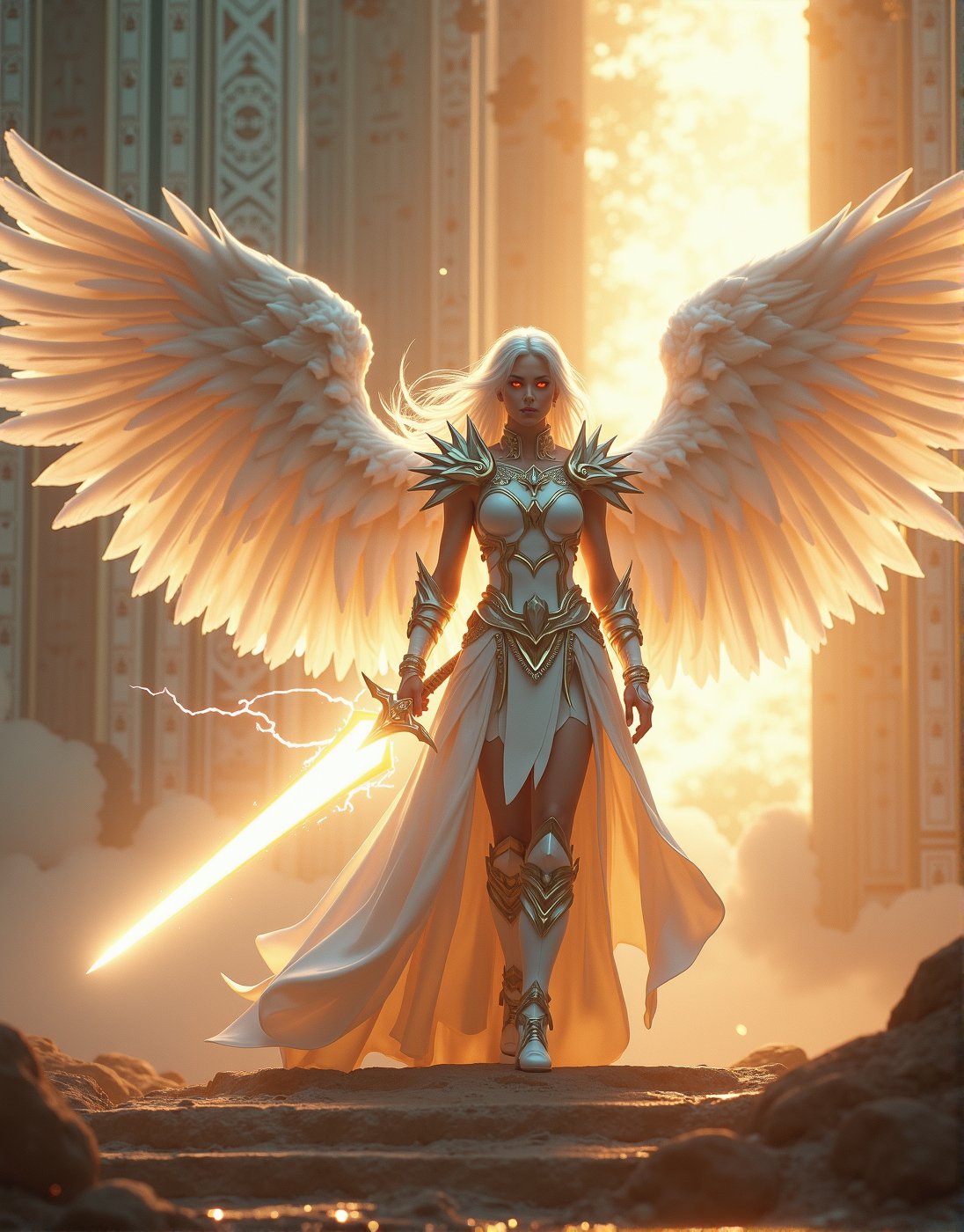 A powerful, awe-inspiring female warrior with long, flowing white hair, clad in radiant white spiked armor, stands with a menacing aura. Her ethereal, glowing white wings stretch out majestically behind her, shimmering with divine light. She holds a massive, radiant sword that emits an intense white light, crackling with electric energy swirling around her like a celestial storm. Her piercing red eyes glow through the mist, adding to her fierce, commanding presence. In the background, a grand temple rises from the clouds, its towering pillars and intricate carvings radiating with divine energy. The heavenly temple, bathed in golden light, creates a majestic backdrop, emphasizing the warrior's divine connection. Soft golden clouds float around, with beams of divine light breaking through, creating a serene yet powerful atmosphere. Gentle orange glowing dust drifts through the air, adding a magical touch to the ethereal landscape. Ultra-realistic, hyper-detailed, with cinematic lighting and perfect composition, the image captures the contrast between the angelic and the fierce, framed by the high-contrast interplay of light, shadow, and the divine architecture., ultra quality, best quality, masterpiece, retina, accurate, masterpiece, super detail, high details, best quality, award winning, highres, HD, 4K, 8k, 16k,