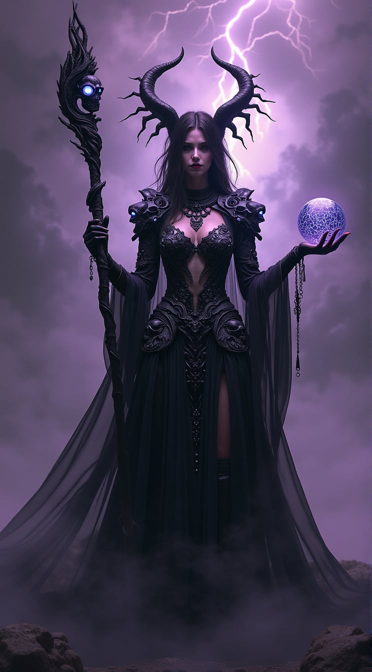 In a dark fantasy realm, the central female figure stands as a powerful sorceress. She is draped in an intricate black cutout bodysuit, adorned with elaborate gothic jewelry that shimmers ominously. Her armor is forged from shadow and steel, blending seamlessly with her form. A halo of skulls, each with faintly glowing eyes, encircles her head, casting eerie shadows across her face. In her right hand, she clutches a glowing orb pulsating with arcane energy, its light illuminating the swirling patterns etched into her armor. In her left hand, she grips a twisted staff, its surface carved with ancient runes that seem to shift and change as the staff hums with dark power. The backdrop is a dense, purple haze, swirling with dark clouds that crackle with distant lightning. Wisps of fog coil around her feet, merging with the shadows that extend from her form. The atmosphere is charged with an otherworldly energy, as if the very air is alive with ancient magic. The overall tone of the image is one of dark fantasy, mystery, and awe-inspiring power, evoking a sense of a forgotten era where magic and darkness ruled.