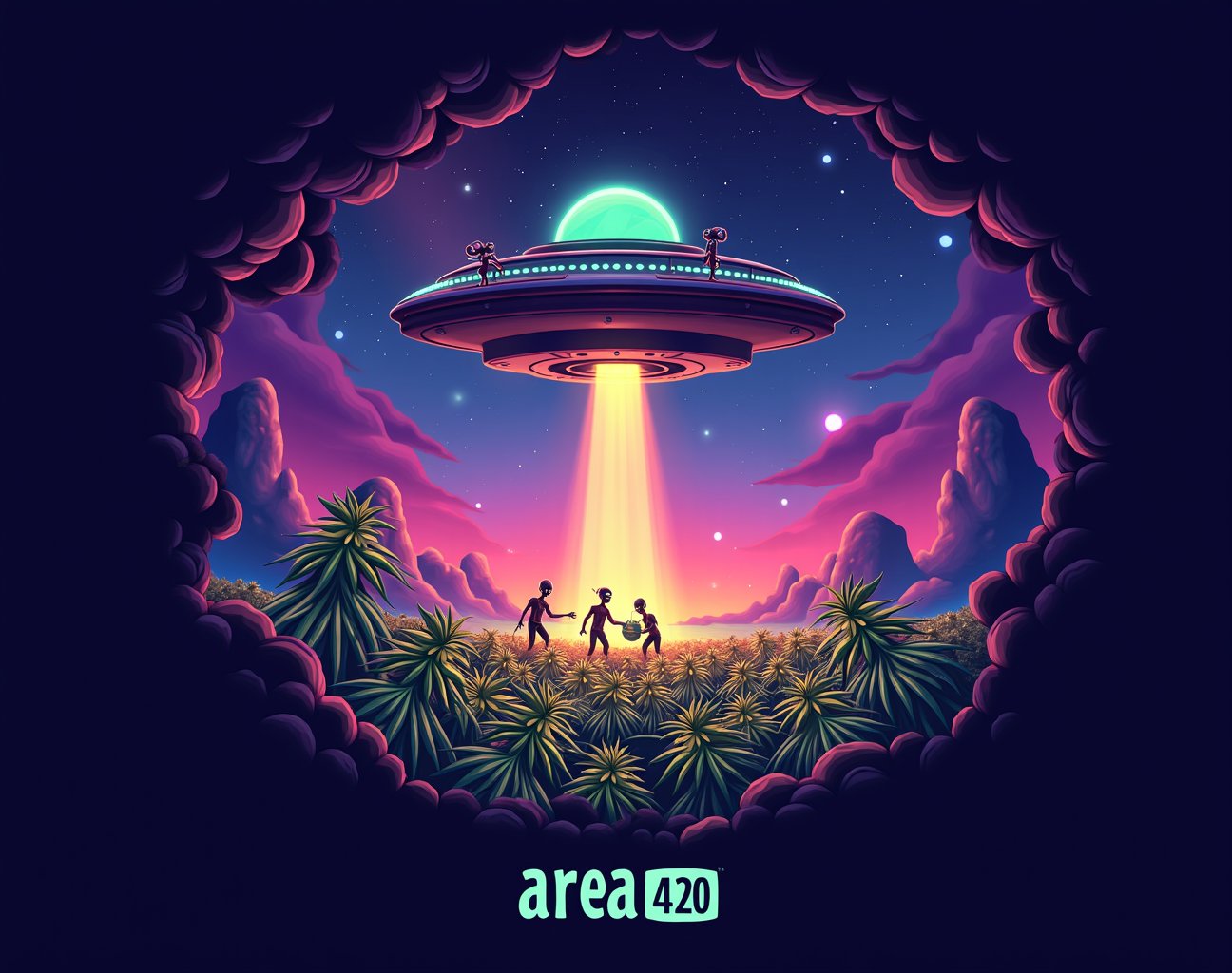 Create a vibrant,  eye-catching image for the cannabis company "Area 420" with a distinct space and alien theme. The desig...