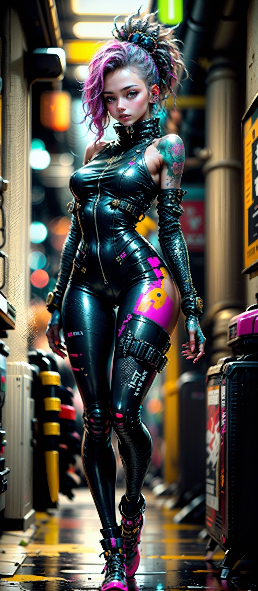 (((Fullbody view))), (best quality,4k,8k,highres,masterpiece:1.2),ultra-detailed,(realistic,photorealistic,photo-realistic:1.37),90s vibe,cyberpunk,futuristic neon lights,pink and blue pastel colors,stylishly dressed girl with punk elements,dynamic composition,Kim Bassin-inspired character design,Retro 80s film poster art style,nostalgic atmosphere,innovative technology,aesthetic graffiti in the background,sleek and shiny surfaces,cityscape with towering skyscrapers,hovering vehicles,futuristic gadgets and holograms,action-packed scene,fashion-forward hairstyle and accessories,glowing tattoos and piercings,electric energy and sparks,urban underground culture,positive and empowering energy,unique and captivating visual narrative,synchronized dance moves with pulsating music,stylish typography and design elements,