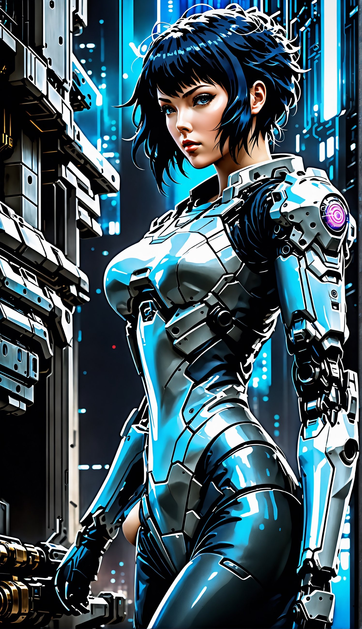 Ghost in the Shell Vol.2, by Luis Duarte, Luis Duarte style, blue and black shading, Neo-Tokyo style, Element Air, Mythpunk, Graphic Interface, Sci-Fic Art, Dark Influence, NijiExpress 3D v3, Kinetic Art, Datanoshing, Oilpainting, Ink v3, Splash style, Abstract Art, Abstract Tech, Cyber Tech Elements, Futuristic, Illustrated v3, Deco Influence, Anime style,mecha