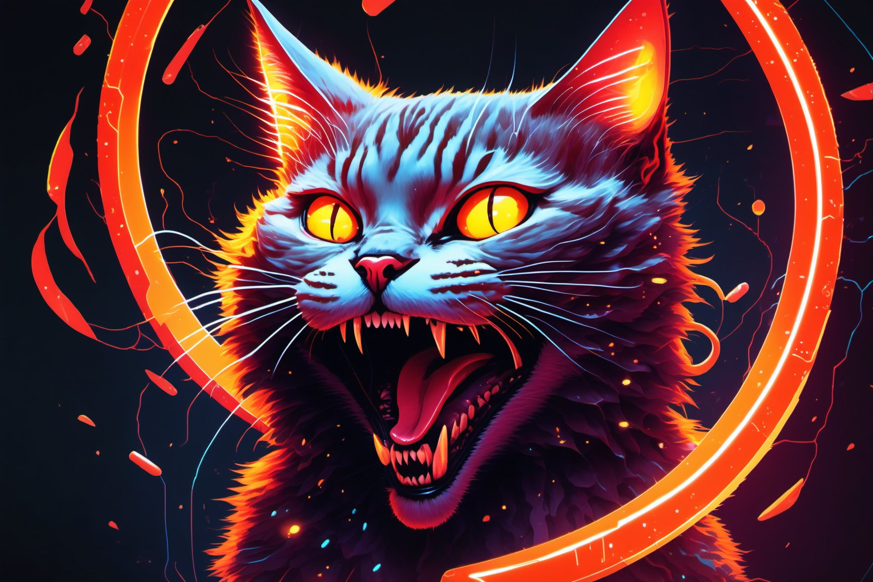 In a dimly lit, futuristic lab setting, a Mad Cat with glowing red-orange-yellow eyes squints and opens its mouth, revealing sharp teeth. The background is ablaze with vibrant, swirling neon code, resembling a 3D matrix falling from above. In the forefront, a sleek chip or sphere represents advanced technology and intelligence concepts, bathed in an otherworldly glow.