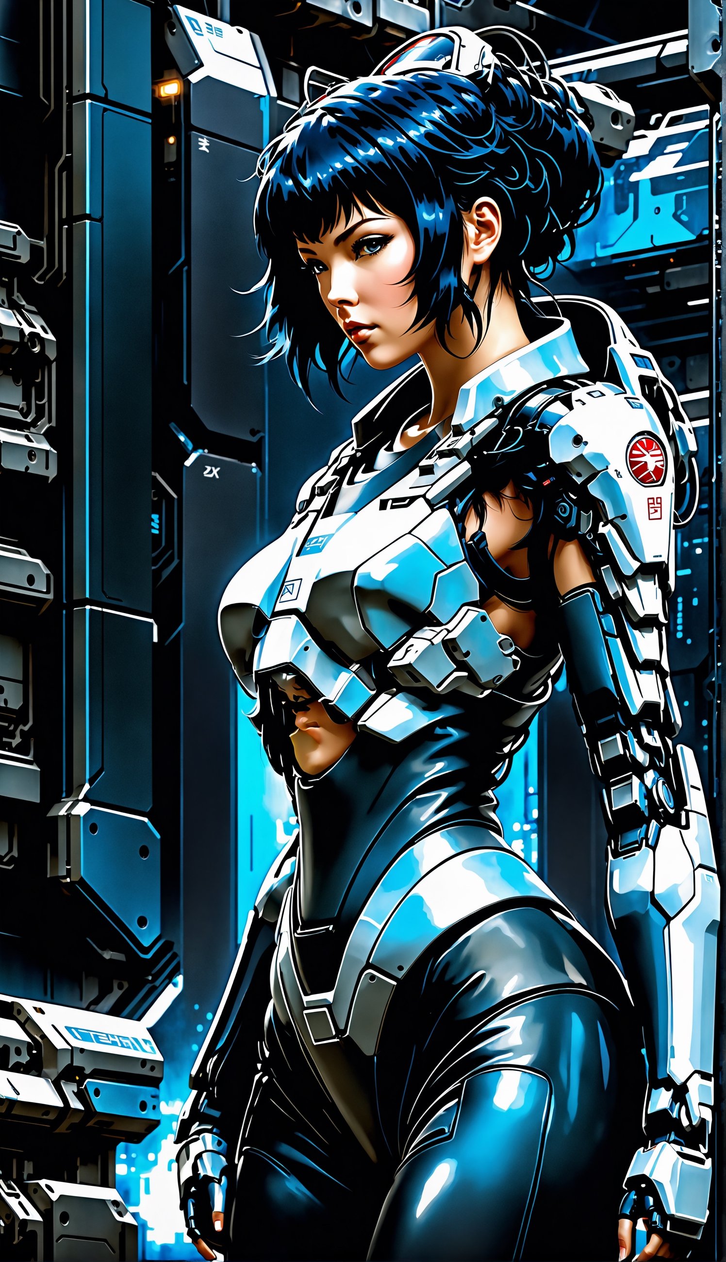 Ghost in the Shell Vol.2, by Luis Duarte, Luis Duarte style, blue and black shading, Neo-Tokyo style, Element Air, Mythpunk, Graphic Interface, Sci-Fic Art, Dark Influence, NijiExpress 3D v3, Kinetic Art, Datanoshing, Oilpainting, Ink v3, Splash style, Abstract Art, Abstract Tech, Cyber Tech Elements, Futuristic, Illustrated v3, Deco Influence, Anime style,mecha,PD-802X4