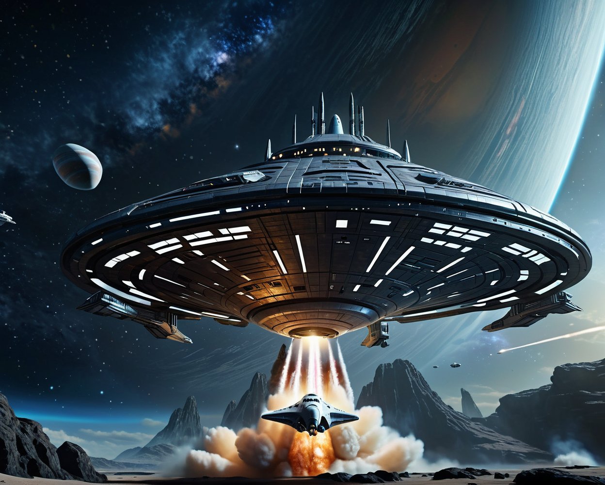 spaceship ftake off from a large structure in the middle of a platform rockets shoot 2 cones of fire from rockets at the b...