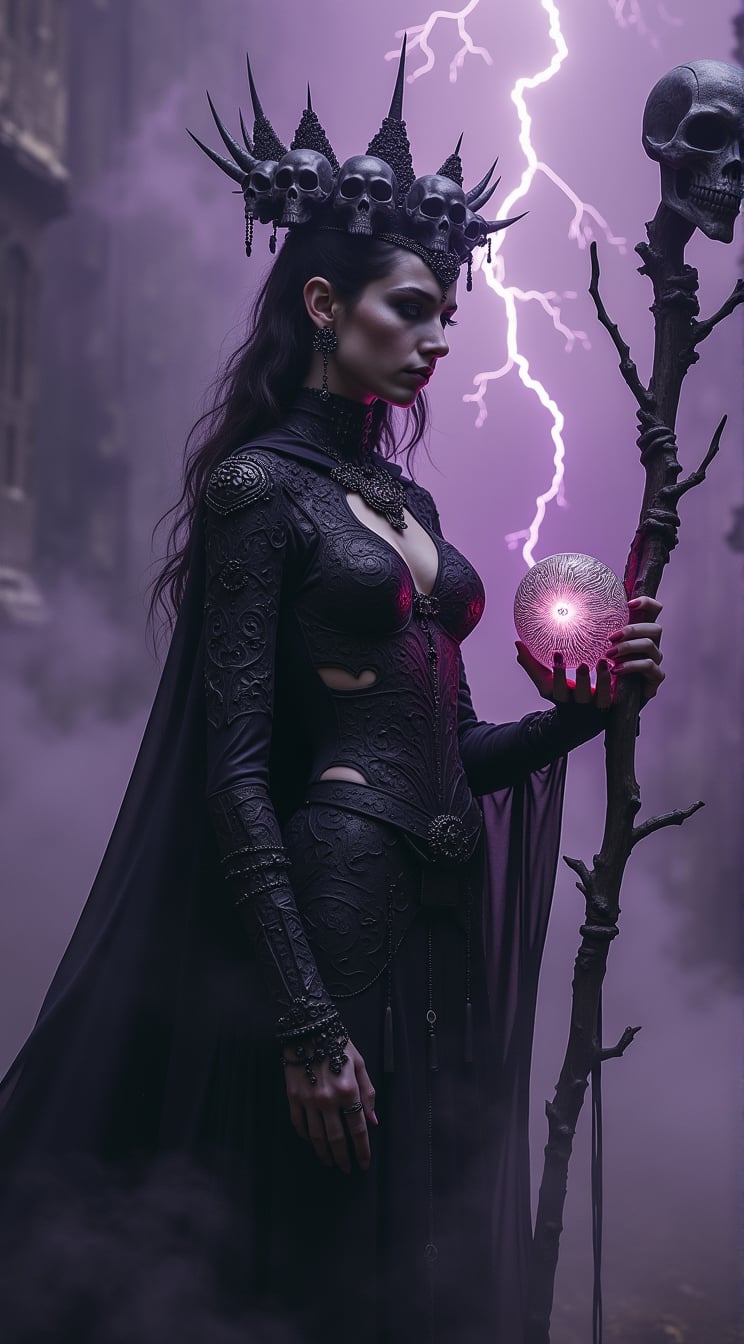 In a dark fantasy realm, the central female figure stands as a powerful sorceress. She is draped in an intricate black cutout bodysuit, adorned with elaborate gothic jewelry that shimmers ominously. Her armor is forged from shadow and steel, blending seamlessly with her form. A halo of skulls, each with faintly glowing eyes, encircles her head, casting eerie shadows across her face. In her right hand, she clutches a glowing orb pulsating with arcane energy, its light illuminating the swirling patterns etched into her armor. In her left hand, she grips a twisted staff, its surface carved with ancient runes that seem to shift and change as the staff hums with dark power. The backdrop is a dense, purple haze, swirling with dark clouds that crackle with distant lightning. Wisps of fog coil around her feet, merging with the shadows that extend from her form. The atmosphere is charged with an otherworldly energy, as if the very air is alive with ancient magic. The overall tone of the image is one of dark fantasy, mystery, and awe-inspiring power, evoking a sense of a forgotten era where magic and darkness ruled.