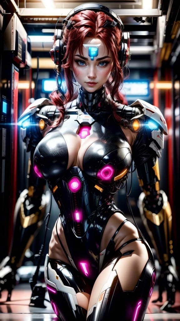 1girl, beautiful face, pale skin, black_hair, medium hair, smiling face, holding a plug with cable, robotic body, full body, sitting, wires, robotic legs, robotics arms, robotic body, robotic hands, futiristic, robotic, mechanical, armored, standing, expressionless face, damaged robotic body, black_robotic_body, alone, (plug and wires), straight leg, busty breast, mecha, bodycon, Mecha, huowu, red hair, sparkling eyes, evil smile, Hyperrealism, cinematic lighting, glowing light, sparkle, Sony FE GM, masterpiece, ccurate, anatomically correct, textured skin, super detail, high quality, award winning, highres, 4K, 8k, 16k,z1l4