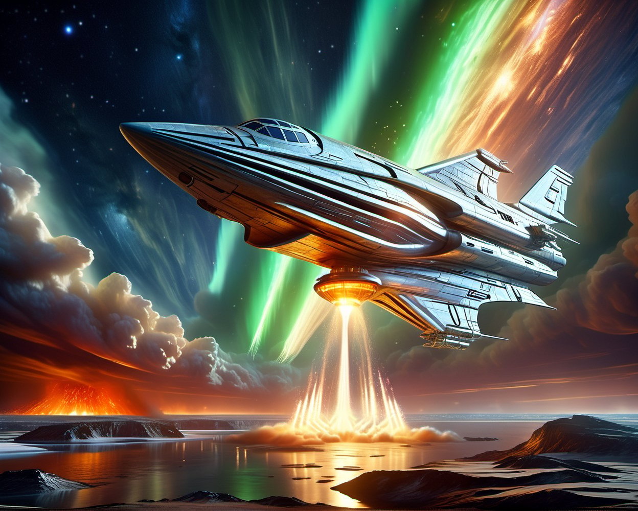 A large,  sleek starfighter with wide wings lifts off from a massive ship port structure on a futuristic platform. The roc...