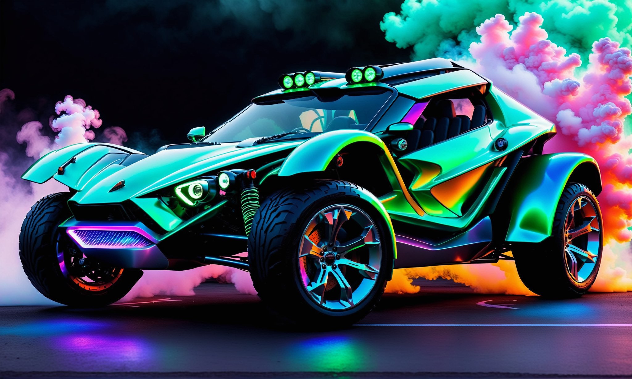 side view, ultra relistic,  of a green ariel nomad  with headlights on, a light bar on the roof shining bright beams of white light ,  background of colorful smoke , ✏️🎨, 8k stunning artwork, vapor wave, neon smoke, hyper colorful, stunning art style, car with holographic paint, amazing wallpaper, futuristic art style, 8 k highly detailed ❤🔥 🔥 💀 🤖 🚀4k phone wallpaper, inspired by Mike Winkelmann, ,H effect,colorful