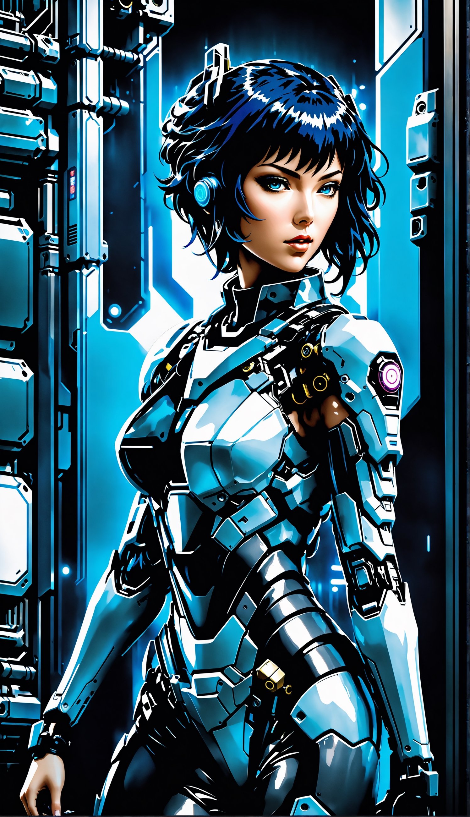 Ghost in the Shell Vol.2, by Luis Duarte, Luis Duarte style, blue and black shading, Neo-Tokyo style, Element Air, Mythpunk, Graphic Interface, Sci-Fic Art, Dark Influence, NijiExpress 3D v3, Kinetic Art, Datanoshing, Oilpainting, Ink v3, Splash style, Abstract Art, Abstract Tech, Cyber Tech Elements, Futuristic, Illustrated v3, Deco Influence, Anime style,mecha