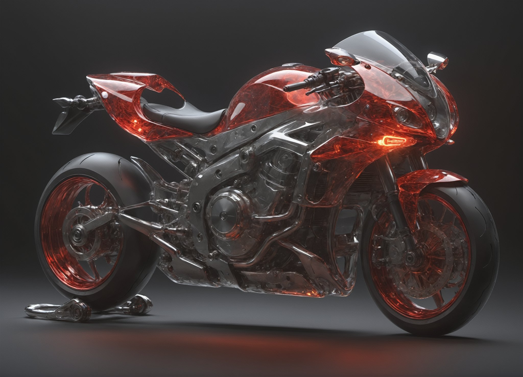 Masterpiece, ultra-definition, super detailed, perfect drawing, 1  transparent SPORT race motocycle with headlight on white lights , Colored red, silver and black carbonfiber, Industrial design, clean, Luminous neon lit,  red background, Surrealism, UHD, high details, best quality, 2K