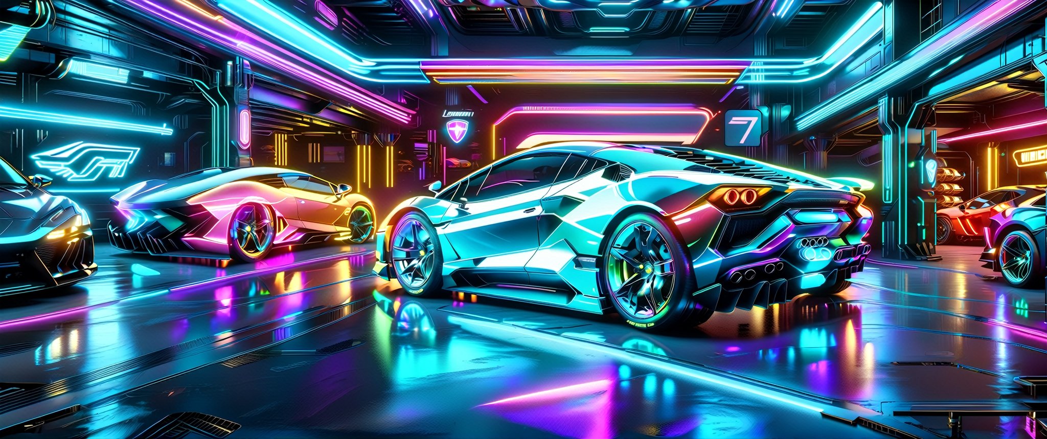 A holographic display of a side view of  a brightly lit sports car in a neon garage with neon signs, neon digital art, neon lit, neon art style, stylized neon, colorized neon lights, bold lamborghini style, glowing neon, neon lightning, futuristic neon, wallpaper 4k, wallpaper 4 k, glow of neon lights, neon volumetric lights, neon art, neon glowing, hyper colorful, neon outline