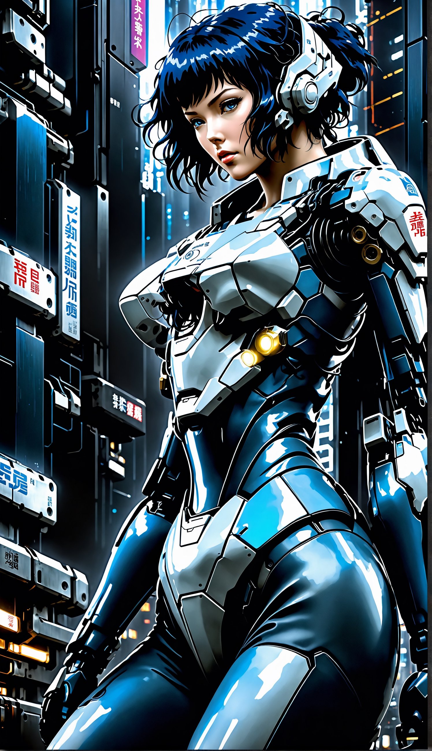 Ghost in the Shell Vol.2, by Luis Duarte, Luis Duarte style, blue and black shading, Neo-Tokyo style, Element Air, Mythpunk, Graphic Interface, Sci-Fic Art, Dark Influence, NijiExpress 3D v3, Kinetic Art, Datanoshing, Oilpainting, Ink v3, Splash style, Abstract Art, Abstract Tech, Cyber Tech Elements, Futuristic, Illustrated v3, Deco Influence, Anime style,mecha,PD-802X4