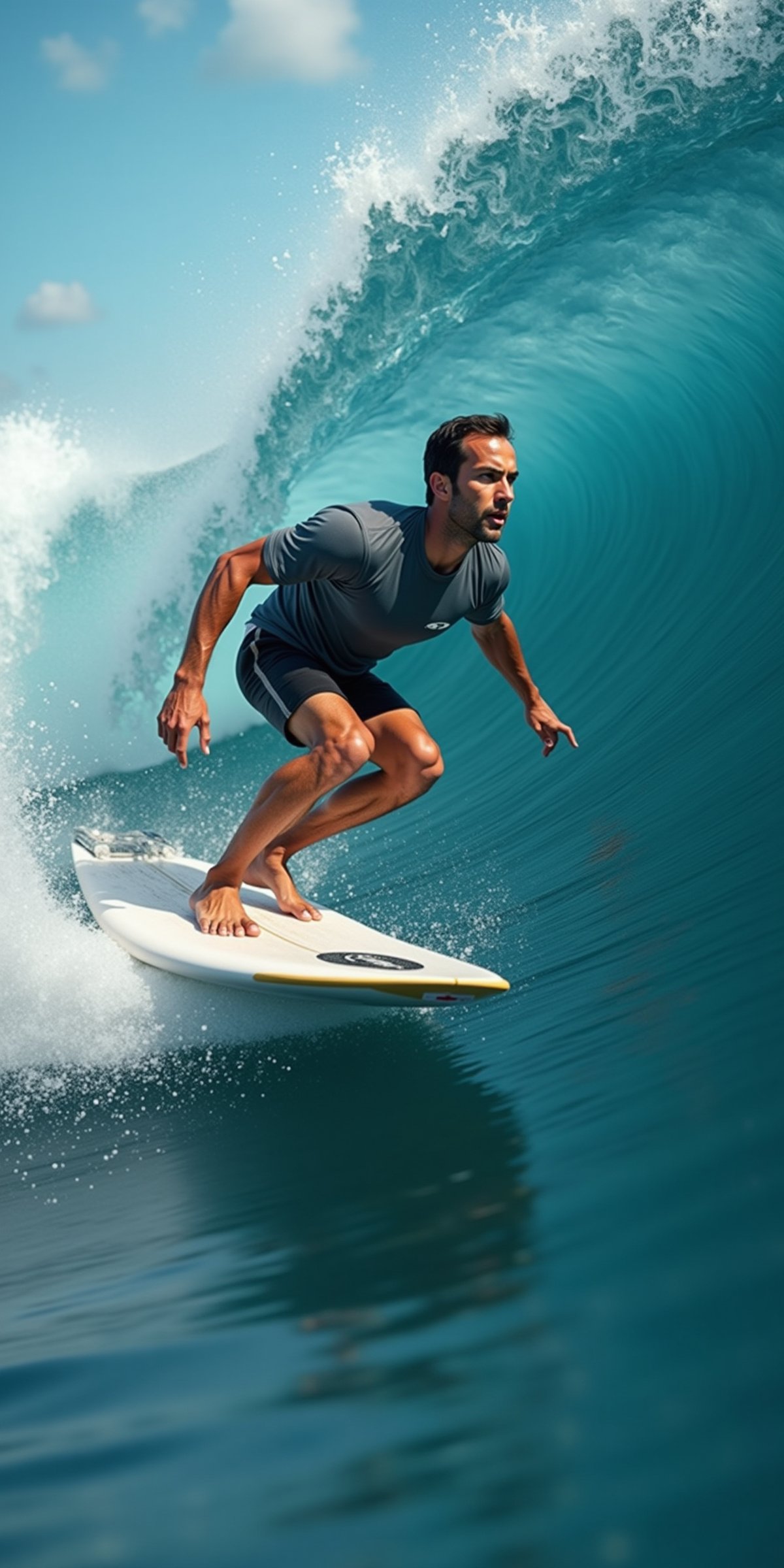  (((ultra photo REALISTIC))), sharp focus, extreme detail description, professional, vivid colors, bold color palette, photorealism, a man is surfing on a white surfboard with a black emblem on the front. He is wearing a short-sleeved shirt and black shorts. His hair is short and dark. His arms are spread out to his sides, and his legs are bent at the knees. The surfboard is positioned in front of a large wave, which is cresting the right side of the image. The wave is a deep blue, with a white foam at the top of the wave. The sky is a light blue, dotted with white clouds. In stunning 16K UHD resolution, this masterpiece showcases unparalleled quality, accuracy, and attention to detail, extremely high quality RAW photograph, detailed background, intricate, Exquisite details and textures, highly detailed, ultra detailed photograph, warm lighting, sharp focus, high resolution, Hyperrealism, masterpiece, accurate, super detail, best quality, award winning, highres, 16k 8k uhd, dslr, high quality,