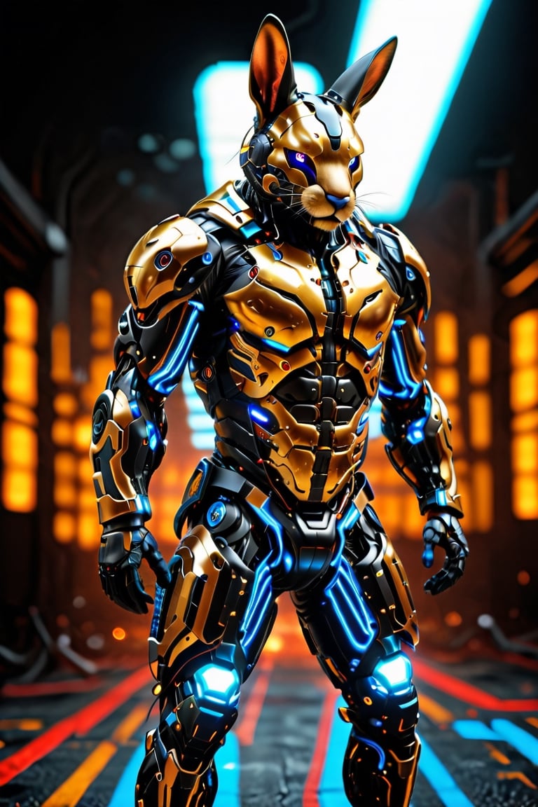 "Imagine a rabbit clad in a formidable combat exoskeleton suit colors Black and Gold, exuding an aura of strength and power. Despite its fluffy exterior, the suit adds a sense of bulk and weight to its form, emphasizing its formidable presence. With glowing visors and reinforced armor plating, the rabbit exudes an air of readiness for battle, ready to face any challenge with determination and resolve.",Animal Verse Ultrarealistic ,circuitboard