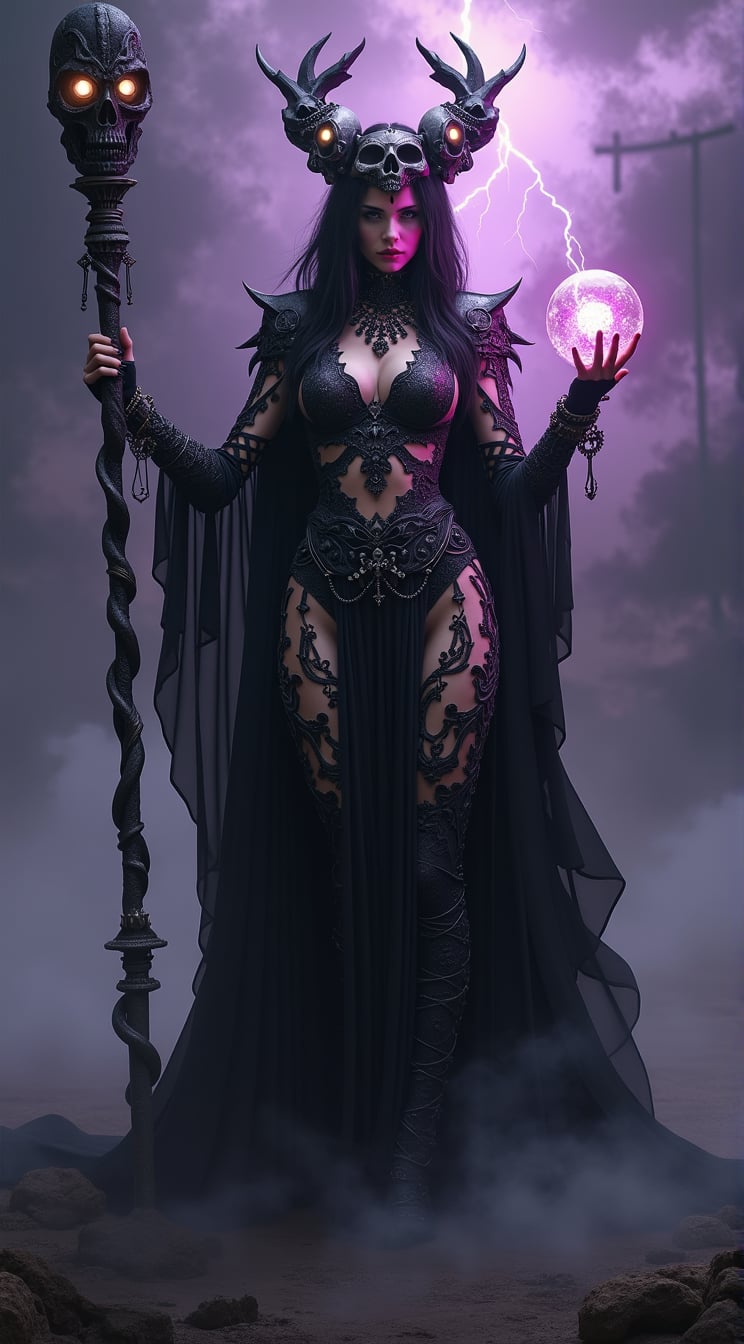 In a dark fantasy realm, the central female figure stands as a powerful sorceress. She is draped in an intricate black cutout bodysuit, adorned with elaborate gothic jewelry that shimmers ominously. Her armor is forged from shadow and steel, blending seamlessly with her form. A halo of skulls, each with faintly glowing eyes, encircles her head, casting eerie shadows across her face. In her right hand, she clutches a glowing orb pulsating with arcane energy, its light illuminating the swirling patterns etched into her armor. In her left hand, she grips a twisted staff, its surface carved with ancient runes that seem to shift and change as the staff hums with dark power. The backdrop is a dense, purple haze, swirling with dark clouds that crackle with distant lightning. Wisps of fog coil around her feet, merging with the shadows that extend from her form. The atmosphere is charged with an otherworldly energy, as if the very air is alive with ancient magic. The overall tone of the image is one of dark fantasy, mystery, and awe-inspiring power, evoking a sense of a forgotten era where magic and darkness ruled.