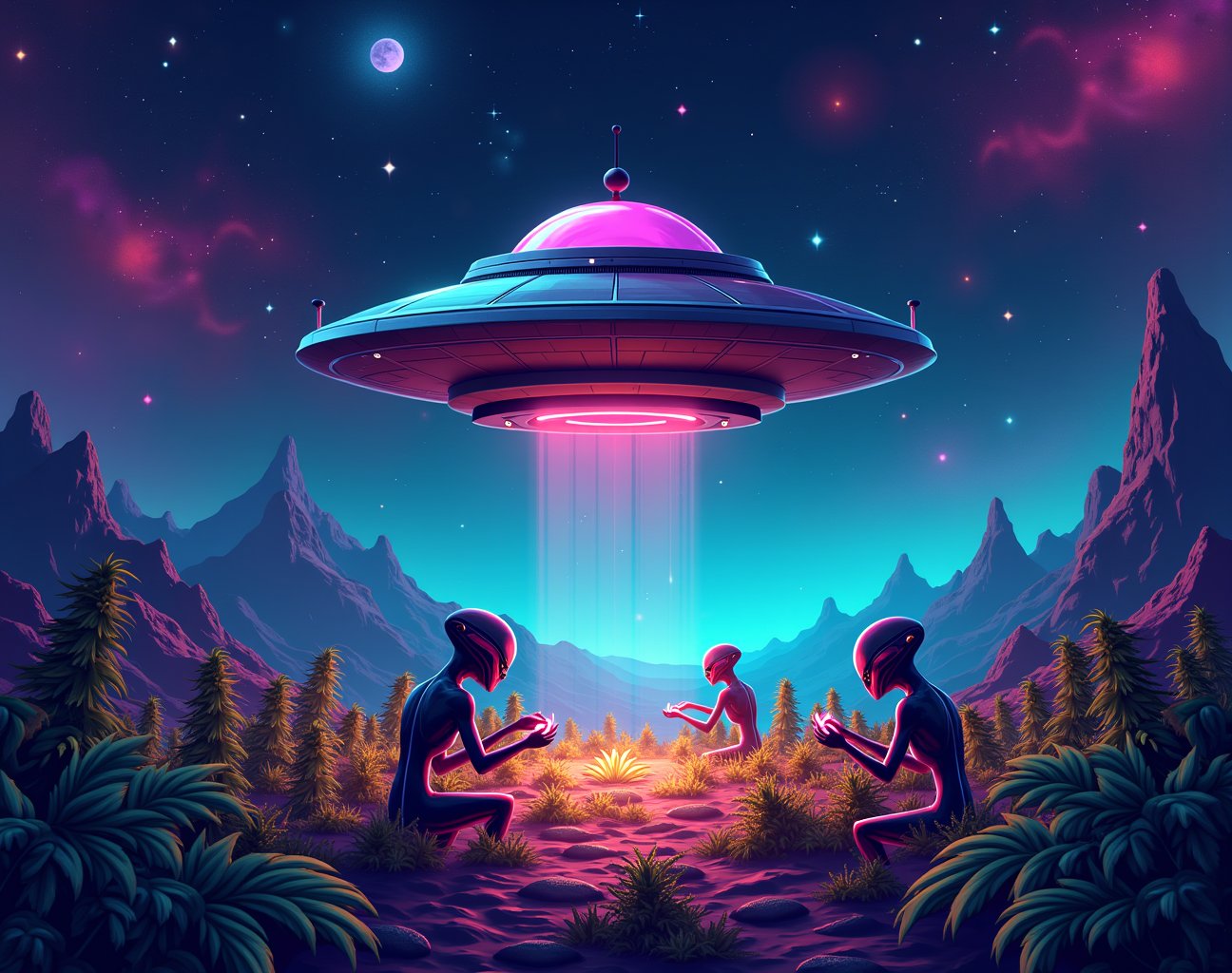 Create a vibrant,  eye-catching image for the cannabis company "Area 420" with a distinct space and alien theme. The desig...