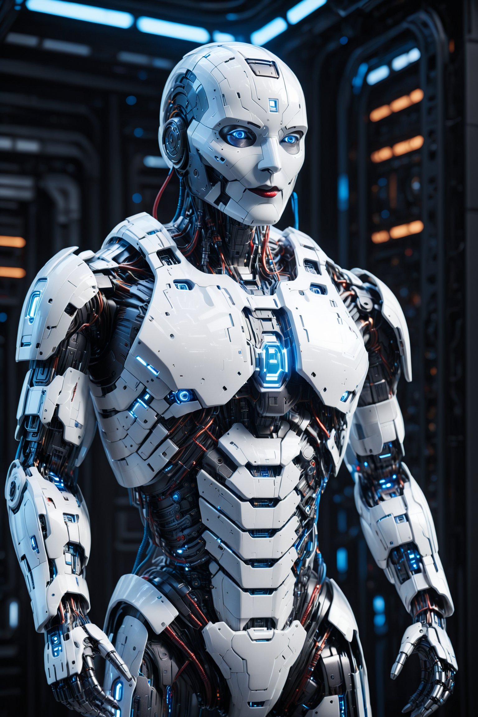 Image features a detailed illustration of a futuristic, humanoid robot with a sleek, aerodynamic design. The robot is primarily white with blue and red accents, and it has a robust, armored appearance. The main figure is shown in a standing position, with large, articulated limbs and a helmet-like head. The robot's design includes various mechanical details such as joints, panels, and vents. fullbody shot, soft textures, imaginative artwork, vibrant background, bokeh, three dimensional effect, 3d render, octane render, mix of bold dark lines and loose lines, Isometric, awesome full color, ultra detailed face, Candid photographs, {{rule of third}}, cinematic, light film, hyper detailed, hyper realistic, masterpiece, atmospheric, high resolution, 8k, HDR, 500px, long exposure:2.

