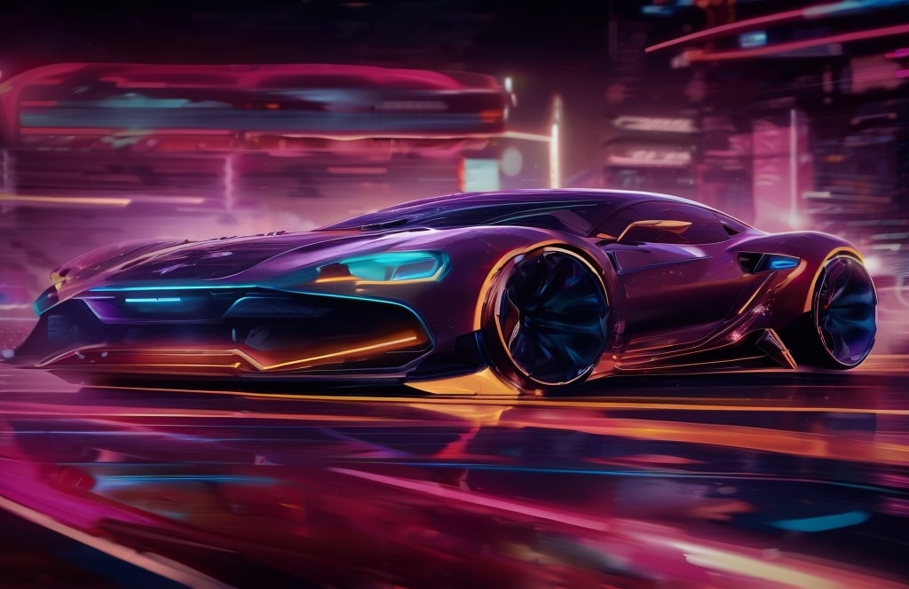 A sleek, neon-lit cyberpunk car races through a dark, rain-soaked cityscape, its glowing wheels leaving trails of light behind it. The car's body is adorned with glowing neon lights and sharp, angular lines, giving it a menacing and futuristic appearance.