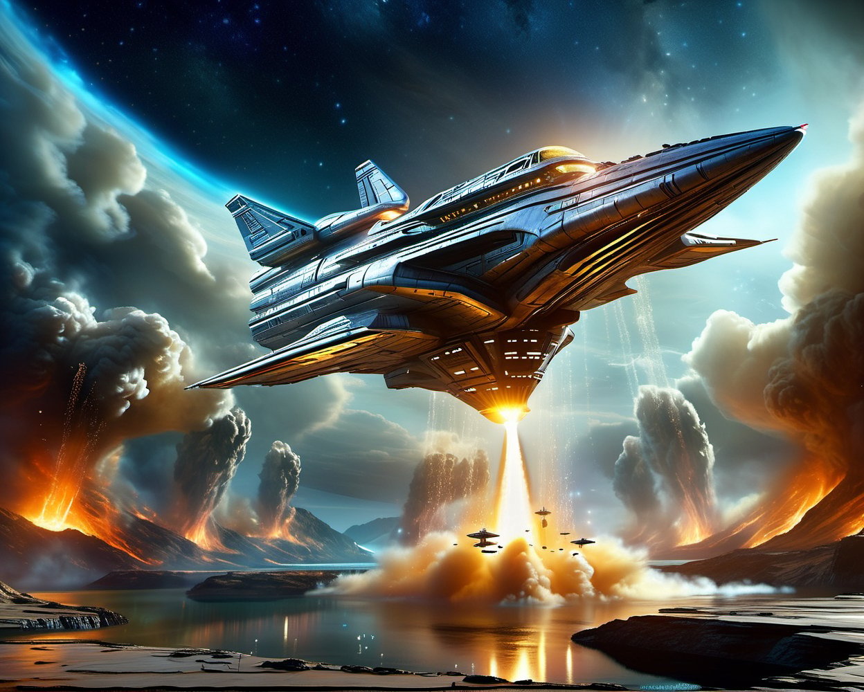 large star fighter spaceship with wide wings ftake off from a large ship port structure in the middle of a platform rocket...