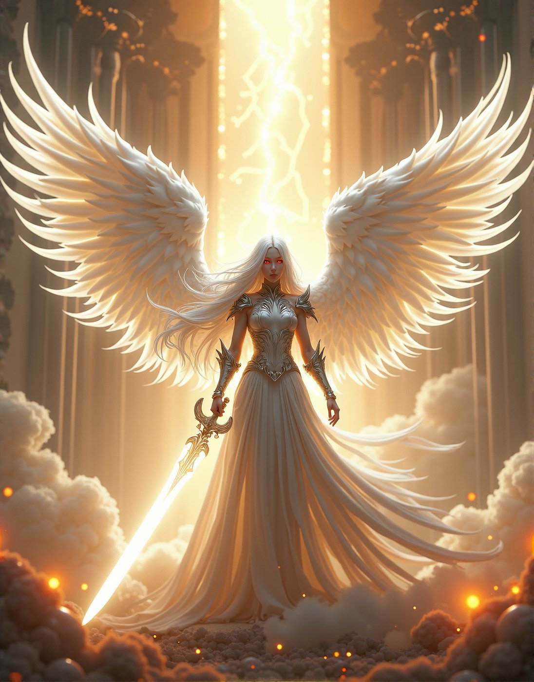 A powerful, awe-inspiring female warrior with long, flowing white hair, clad in radiant white spiked armor, stands with a menacing aura. Her ethereal, glowing white wings stretch out majestically behind her, shimmering with divine light. She holds a massive, radiant sword that emits an intense white light, crackling with electric energy swirling around her like a celestial storm. Her piercing red eyes glow through the mist, adding to her fierce, commanding presence. In the background, a grand temple rises from the clouds, its towering pillars and intricate carvings radiating with divine energy. The heavenly temple, bathed in golden light, creates a majestic backdrop, emphasizing the warrior's divine connection. Soft golden clouds float around, with beams of divine light breaking through, creating a serene yet powerful atmosphere. Gentle orange glowing dust drifts through the air, adding a magical touch to the ethereal landscape. Ultra-realistic, hyper-detailed, with cinematic lighting and perfect composition, the image captures the contrast between the angelic and the fierce, framed by the high-contrast interplay of light, shadow, and the divine architecture., ultra quality, best quality, masterpiece, retina, accurate, masterpiece, super detail, high details, best quality, award winning, highres, HD, 4K, 8k, 16k,