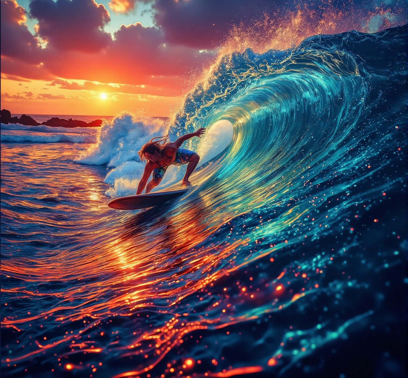 A surfer's silhouette seamlessly blends with a majestic wave as the sun sets over the ocean's horizon, where the sky meets the water in a kaleidoscope of vibrant hues. The detailed surfboard seems to flow like molten lava, its colors mirroring the dynamic energy of the swirling water. In this surreal moment, freedom and adventure converge, as if the surfer is one with the large wave, their journey an eternal dance between the elements.,WaterElement,vector_brush_style,aidmaGlow,Midjourneyart 