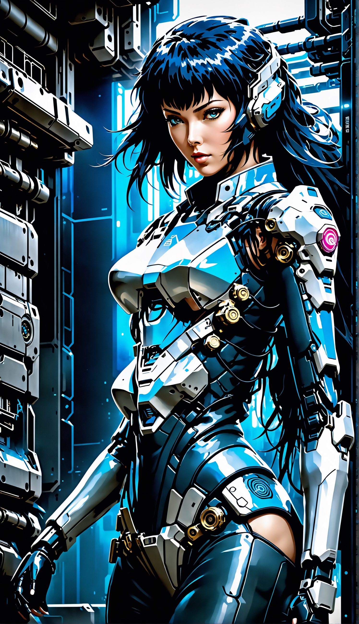 Ghost in the Shell Vol.2, by Luis Duarte, Luis Duarte style, blue and black shading, Neo-Tokyo style, Element Air, Mythpunk, Graphic Interface, Sci-Fic Art, Dark Influence, NijiExpress 3D v3, Kinetic Art, Datanoshing, Oilpainting, Ink v3, Splash style, Abstract Art, Abstract Tech, Cyber Tech Elements, Futuristic, Illustrated v3, Deco Influence, Anime style,mecha