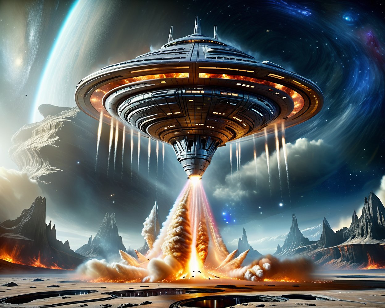 spaceship ftake off from a large structure in the middle of a platform rockets shoot 2 cones of fire from rockets at the b...