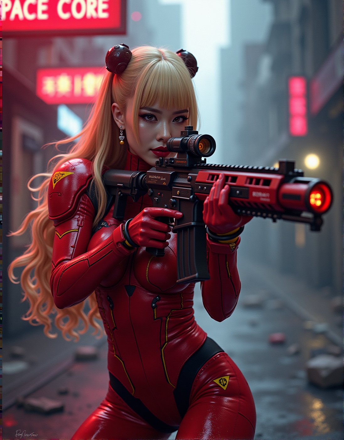 detailed futuristic neon art, masterpiece, FredFraiStyle, an oriental female cyberpunk space Warrior in red power armor with bright yellow embellishments, long blonde flowing hair, bangs, earrings, dark eyeshadow, red lips, holding a futuristic space age sniper rifle, aiming, dynamic pose,in a battle on a futuristic city street, smoke hanging in the air, ruins and smoking damaged buildings, directional lighting, masterpiece, mythp0rt, perfect composition, perfect hands, cowboy shot, there is  spacy neon 3D  text at the top of the photo that reads "Join The Space Core Today!",