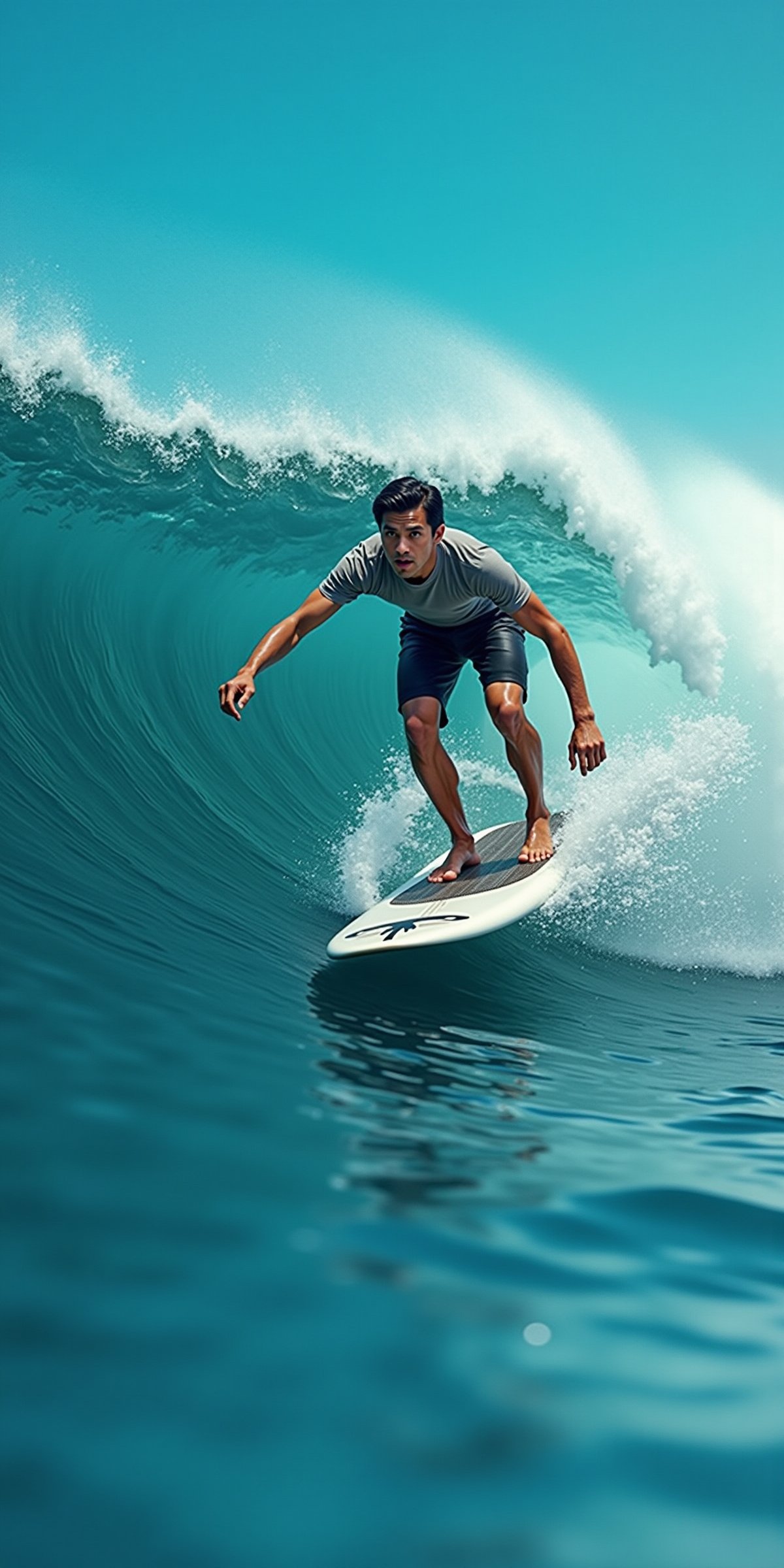  (((ultra photo REALISTIC))), sharp focus, extreme detail description, professional, vivid colors, bold color palette, photorealism, a man is surfing on a white surfboard with a black emblem on the front. He is wearing a short-sleeved shirt and black shorts. His hair is short and dark. His arms are spread out to his sides, and his legs are bent at the knees. The surfboard is positioned in front of a large wave, which is cresting the right side of the image. The wave is a deep blue, with a white foam at the top of the wave. The sky is a light blue, dotted with white clouds. In stunning 16K UHD resolution, this masterpiece showcases unparalleled quality, accuracy, and attention to detail, extremely high quality RAW photograph, detailed background, intricate, Exquisite details and textures, highly detailed, ultra detailed photograph, warm lighting, sharp focus, high resolution, Hyperrealism, masterpiece, accurate, super detail, best quality, award winning, highres, 16k 8k uhd, dslr, high quality,