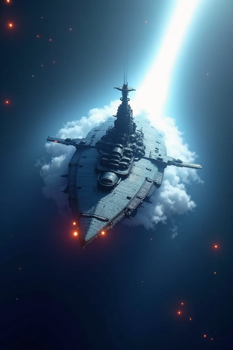 masterpiece,Highest quality,Ultra-high resolution,(Very detailed),8k,wallpaper,Realistic,(DSLR Canon style),(A battleship-shaped spaceship performs warp travel.:2.0),(sf:2.0),(A streamlined spaceship resembling the Yamato battleship:2.0),(dynamic),(Beautiful particles of light are emitted from the wave engine at the stern.:2.0),(Representing superluminal speed with a beautiful line of light:2.0),(((The background is a wormhole and subspace.:2.0))),(Motion Blur)
