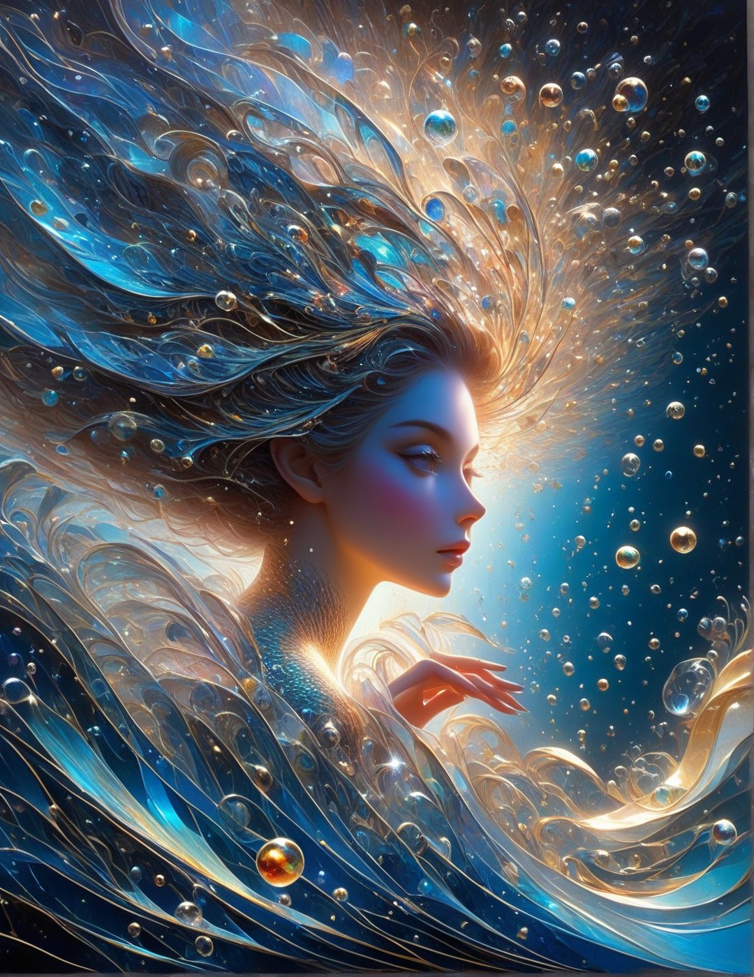 symphony, beautiful female enjoying music, playing with an exotic fish, ((Vibrant depictions of sound wawes)) waves forming music notes, colorful marine creatures, water bubbles, symphony, sweet expression, symphony of waves, sea melodies, surrounded  by waves forming intricate sonic patterns, wide angle, vivid colors, 8k, inspired by Michael Cheval, beautiful eyes, perfect hands, beautiful face + symmetrical face,  highly detailed, intricate complexity, juxtaposing, epic composition, magical atmosphere + masterpiece, perfect hands+five fingers hands, (intricate detail), (super detailed), 8k hdr, high detailed, soft cinematic lighting, atmospheric perspective,ray tracing, underwater world background,ray tracing, perfec teyes, 8K, Film Poster, Her iridescent scales shimmer with a pearlescent glow, perfecteyes, absurdity, Magical Fantasy style,d1p5comp_style