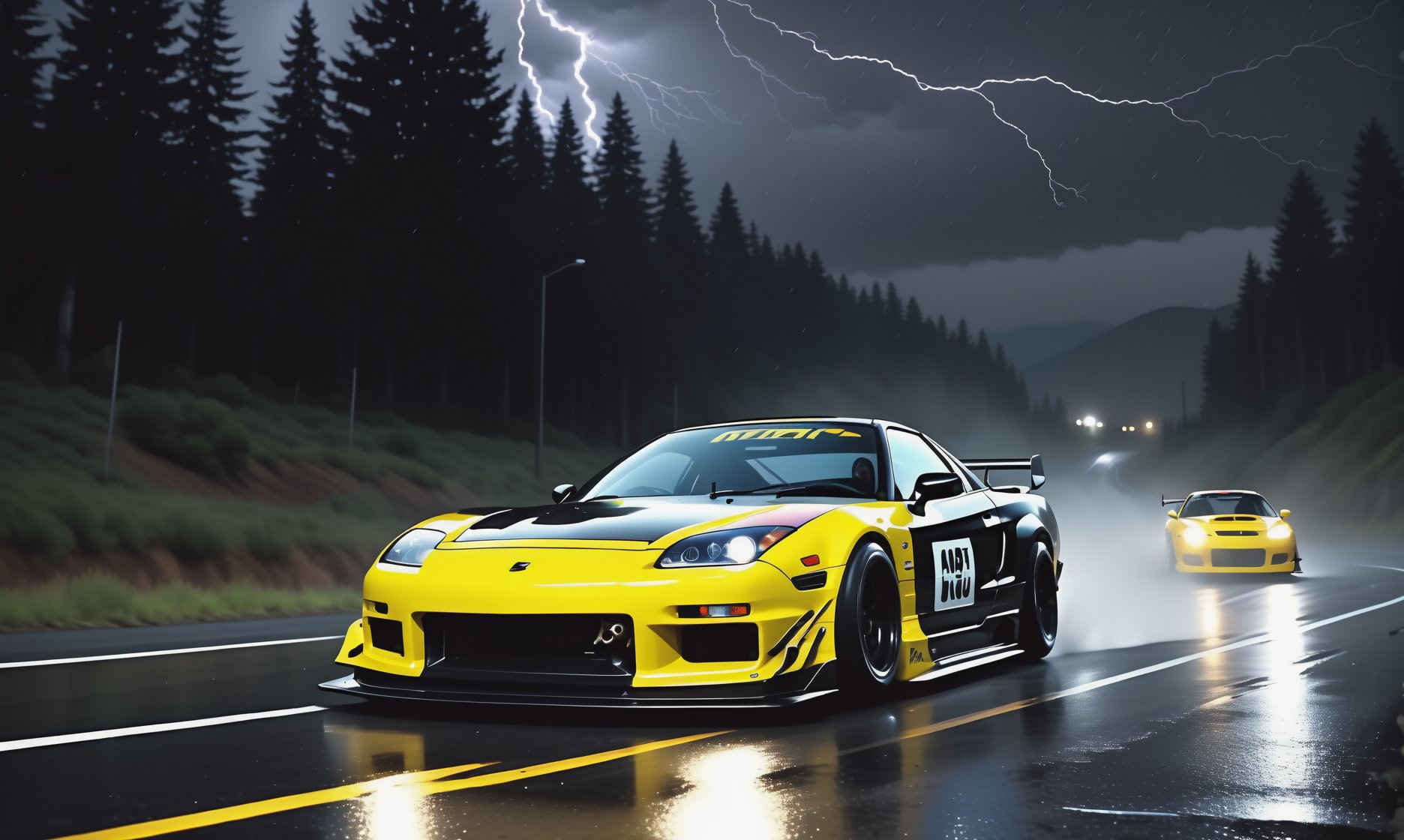 Race cars in a high speed street race (best quality,4k,8k,highres,masterpiece:1.2),ultra-detailed, ((a customized car)), ((street racer)), ((a beautiful paintjob)), ((fully detailed)), illustration, vivid colors, GTR, NSX,  Drifting, going fast, night, bright yellow headlights,setting USA Oregon's Mountain roads, No text on signs, Late night time dark skys filled with moonlight and bright stars,1 car.,Nature,modelshoot style, Fast action style, Sideways drifting in to a turn, gray and black cars, Set in a rain storm with lightning,