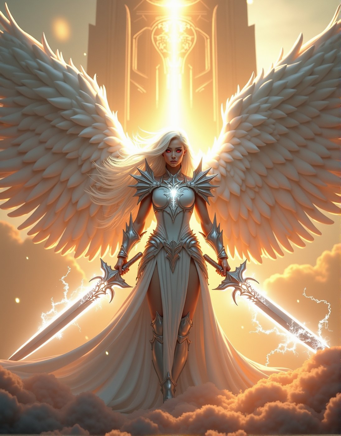 A powerful, awe-inspiring female warrior with long, flowing white hair, clad in radiant white spiked armor, stands with a menacing aura. Her ethereal, glowing white wings stretch out majestically behind her, shimmering with divine light. She holds a massive, radiant sword that emits an intense white light, crackling with electric energy swirling around her like a celestial storm. Her piercing red eyes glow through the mist, adding to her fierce, commanding presence. In the background, a grand temple rises from the clouds, its towering pillars and intricate carvings radiating with divine energy. The heavenly temple, bathed in golden light, creates a majestic backdrop, emphasizing the warrior's divine connection. Soft golden clouds float around, with beams of divine light breaking through, creating a serene yet powerful atmosphere. Gentle orange glowing dust drifts through the air, adding a magical touch to the ethereal landscape. Ultra-realistic, hyper-detailed, with cinematic lighting and perfect composition, the image captures the contrast between the angelic and the fierce, framed by the high-contrast interplay of light, shadow, and the divine architecture., ultra quality, best quality, masterpiece, retina, accurate, masterpiece, super detail, high details, best quality, award winning, highres, HD, 4K, 8k, 16k,