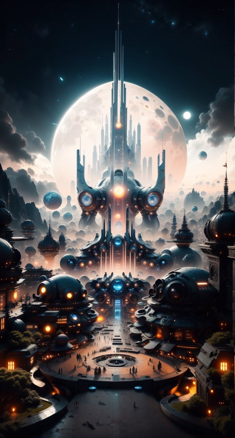 a close up of a city with a giant moon in the background,  huge futuristic temple city,  in fantasy sci - fi city by MadCa...