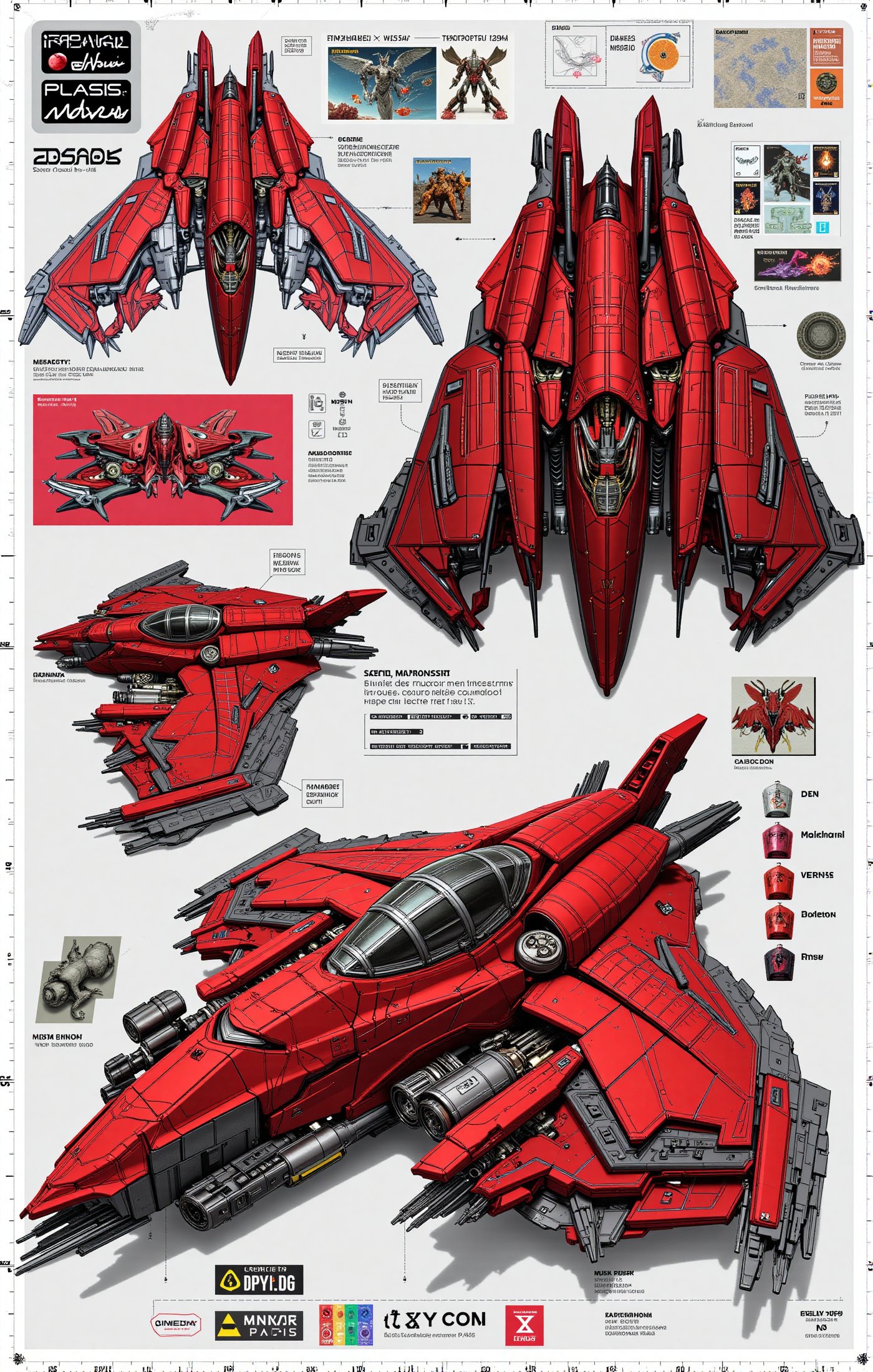 meticulously illustrated in 3D style, A detailed technical drawing or blueprint of a Spaceship, type fighter interceptor sleak fast red and black,  this epic art masterpiece. In stunning 16K UHD resolution, every detail shines, from the intricate textures to the super-sharp focus, making this artwork a true work of art,